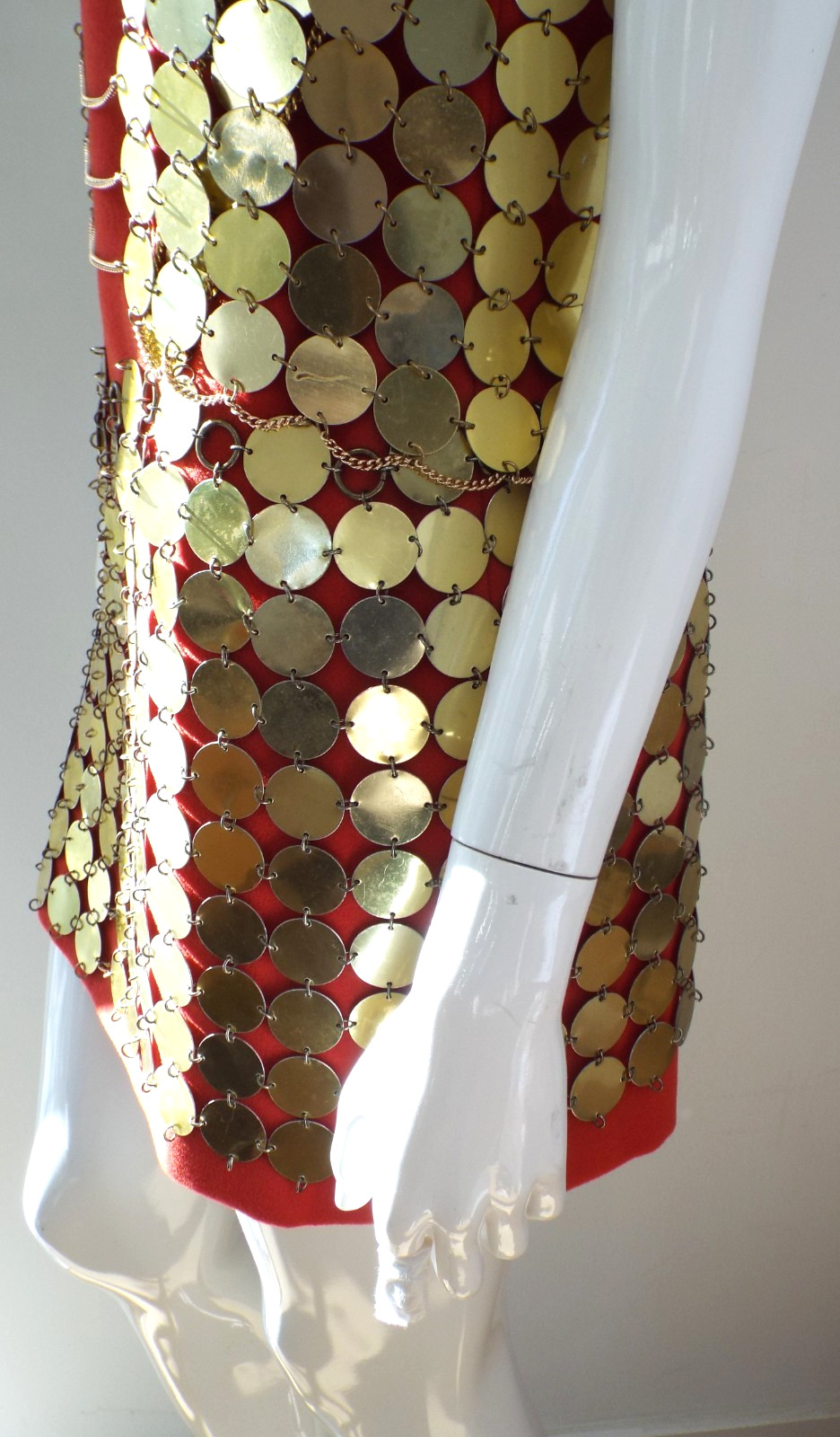 Vintage 1960s Gold Tone Metal Disc Chain Mail Vest Top & Skirt Dress Paillette