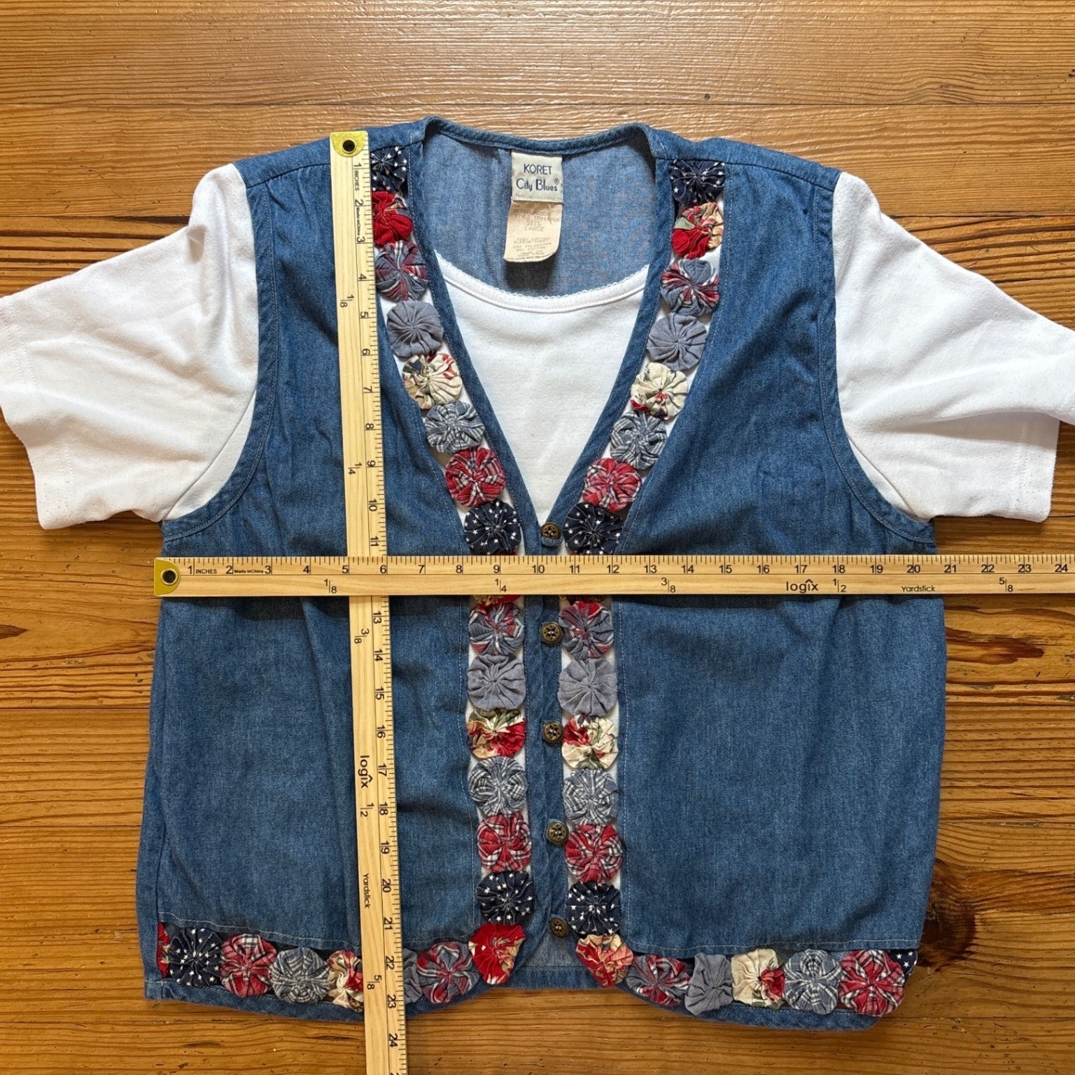 Koret City Blues Denim Vest Tee Womens Blue Yo-Yo Rosette SIZE Large