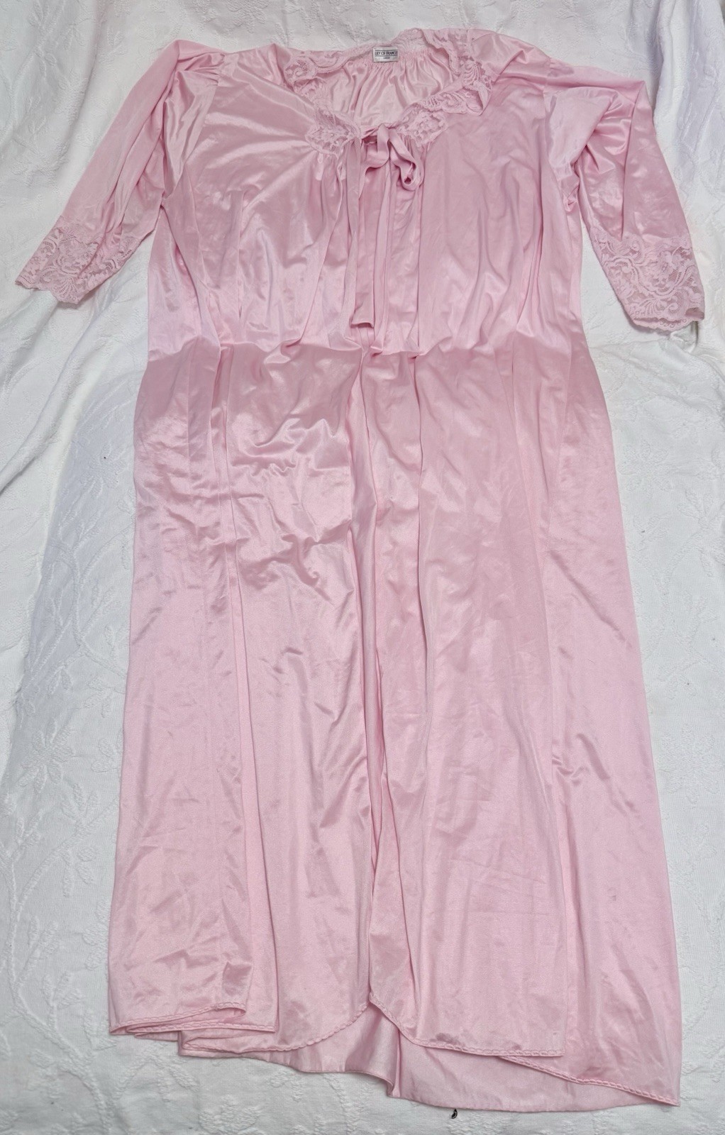VTG 70s Lily of France Rose Pink Peignoir Robe Lace Dolman Sleeve L Lingerie EUC