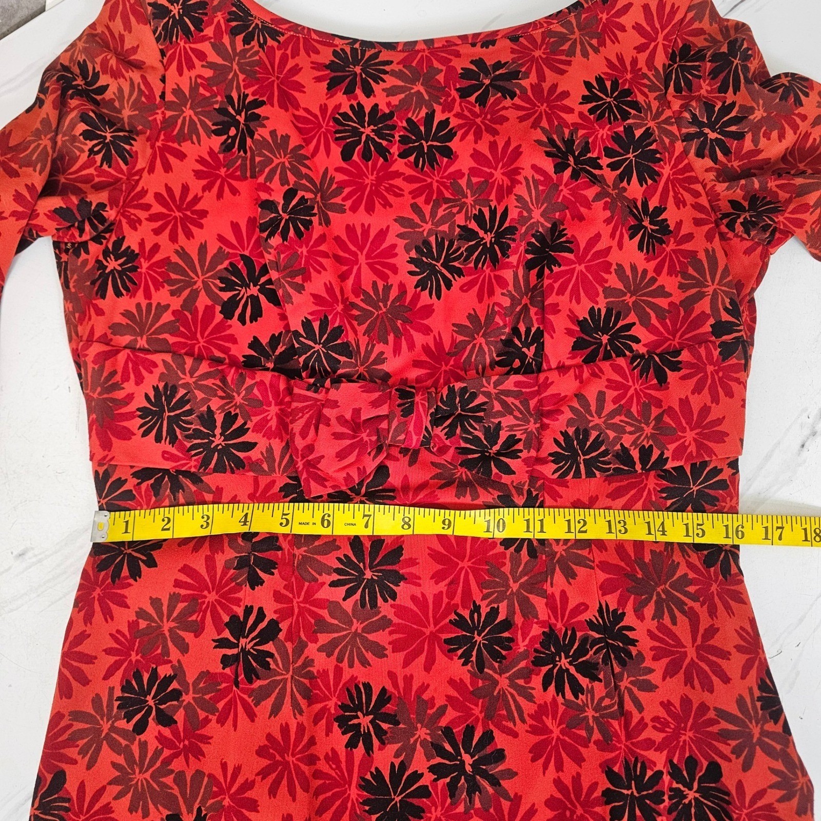 Vintage 60s Red Black Floral Wiggle Draped Back Dress Bow Waist Cocktail Party