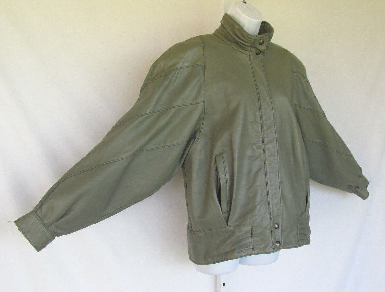 VINTAGE 1980s 90s BAGATELLE LEATHER JACKET GRAY GREEN LAMBSKIN? SIZE 10 LINED