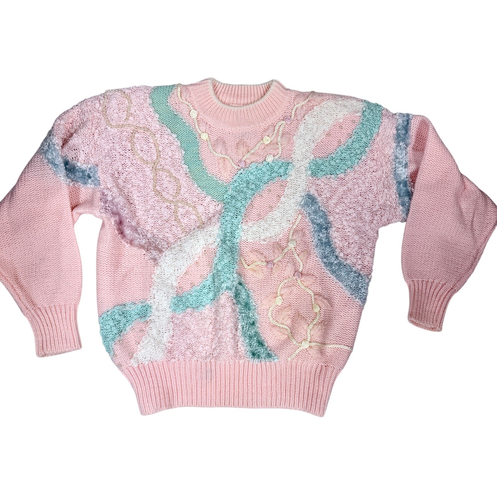 VTG Jaclyn Smith Size S Pastel Fairy Kei Sweater Pearl Rosette Cottagecore