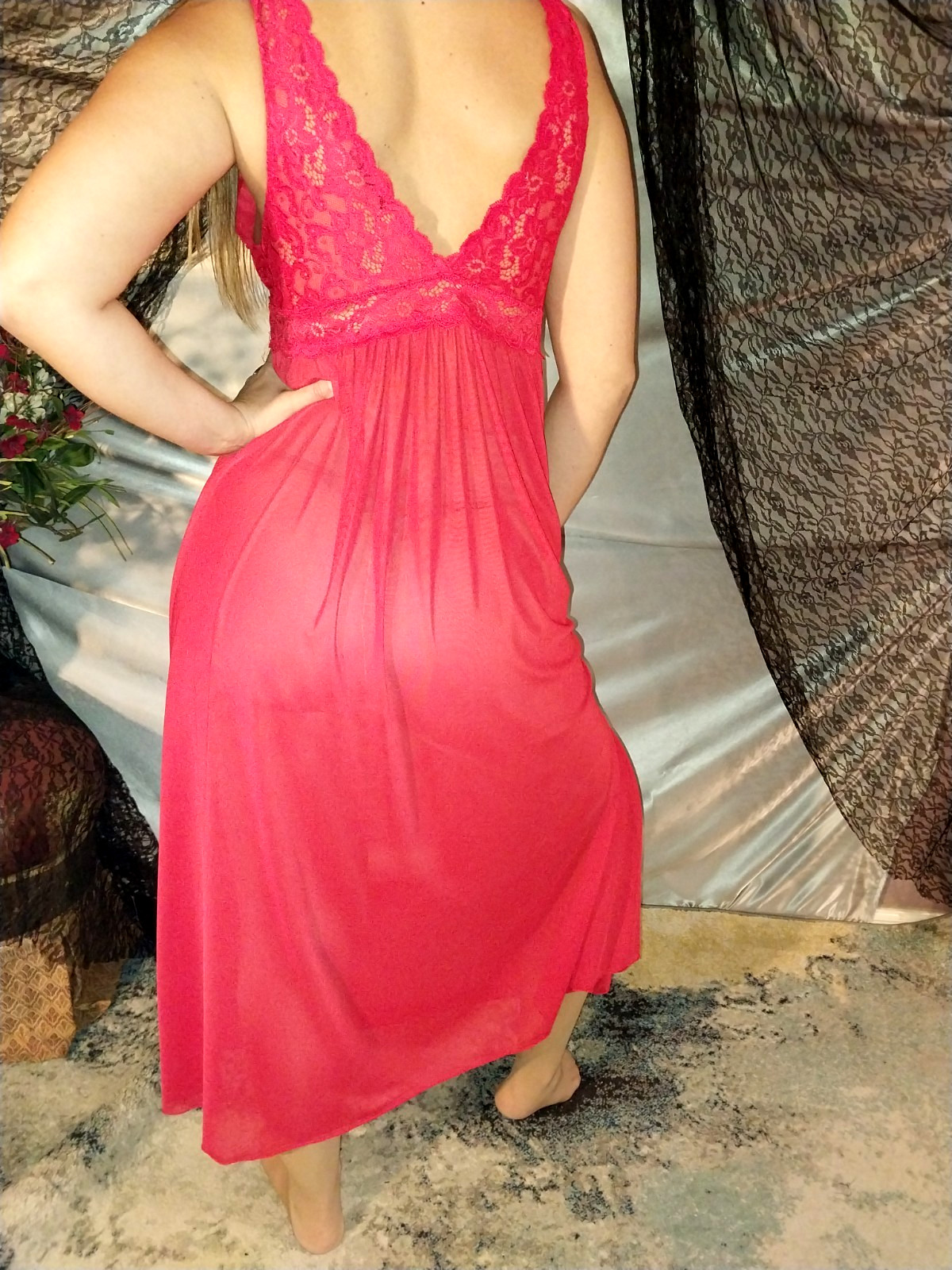 VTG SILKY SPANDEX SHEER OPAQUE NIGHTGOWN GOWN S/M 40″ LACY NIGHTIE