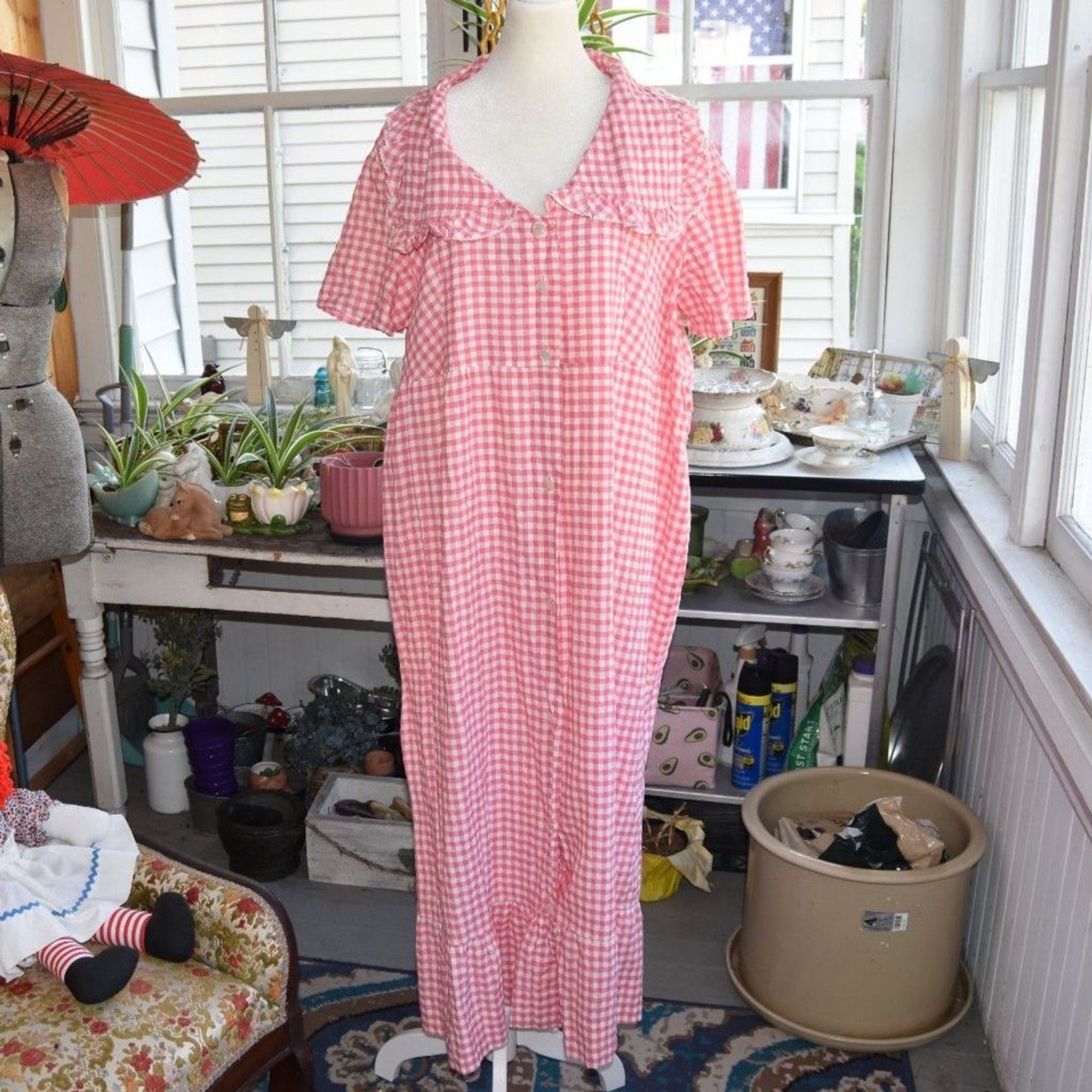 Vintage 60s Miss Elaine Pink Gingham Housecoat Robe Ruffle Cotton Acetate 42 XL
