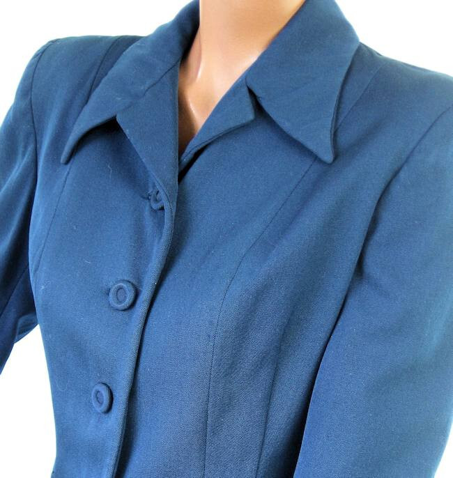 40s Gab Jacket Fit and Flare Navy Blue Vtg Strong Shoulder Nip Waist Rollman’s
