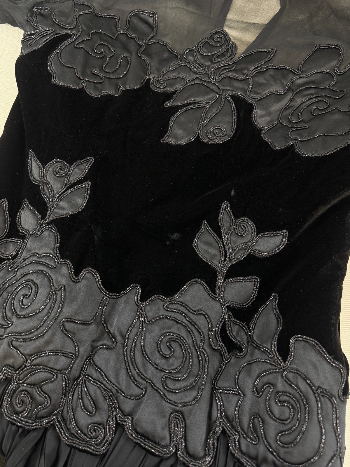 Vintage FONTANA COUTURE Fit & Flare Dress 42 Black Sheer Velvet Satin Floral S