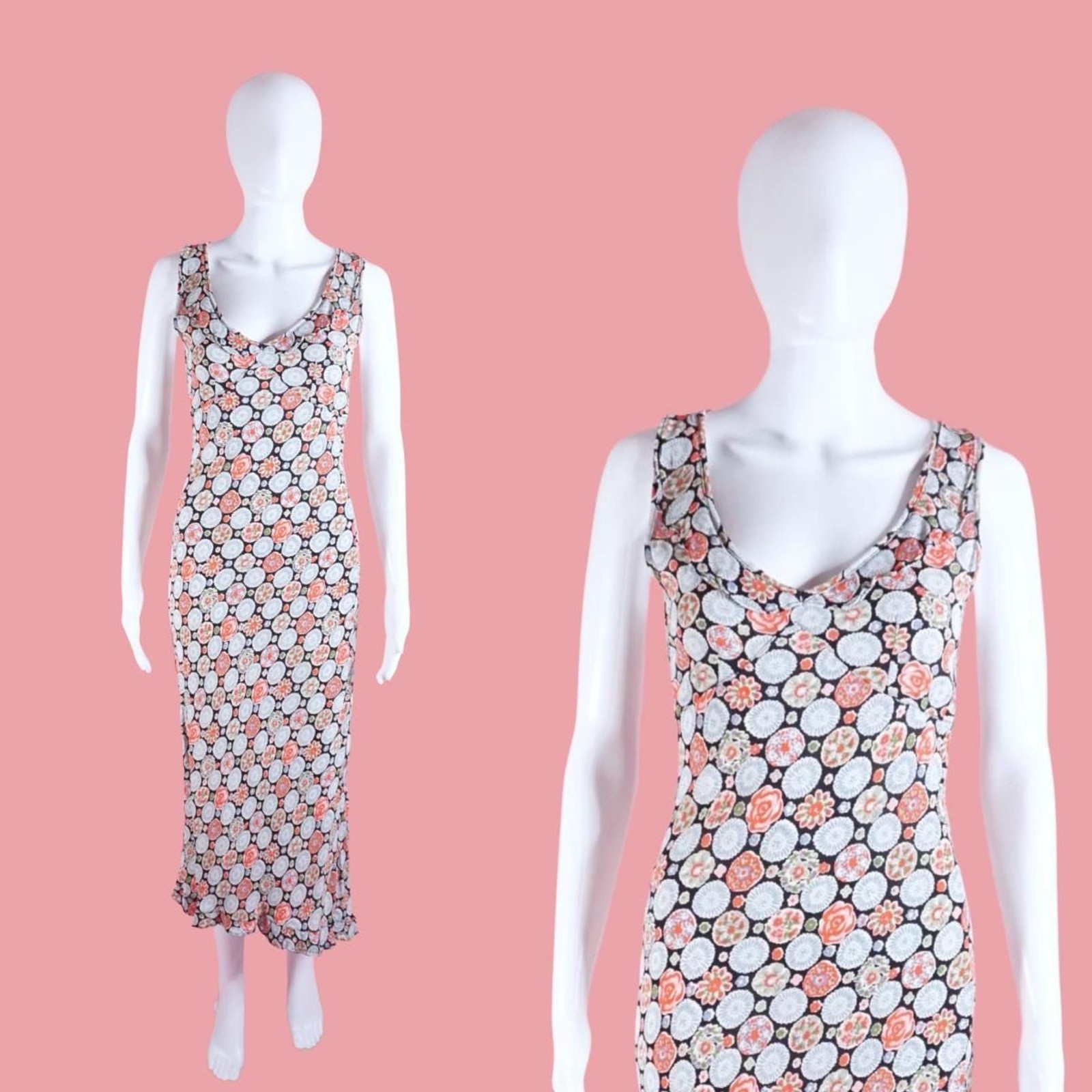1990s-Y2K ANGIE FLORAL ABSTRACT Print Asymmetrical Slip Dress W/Ruffles. S-M