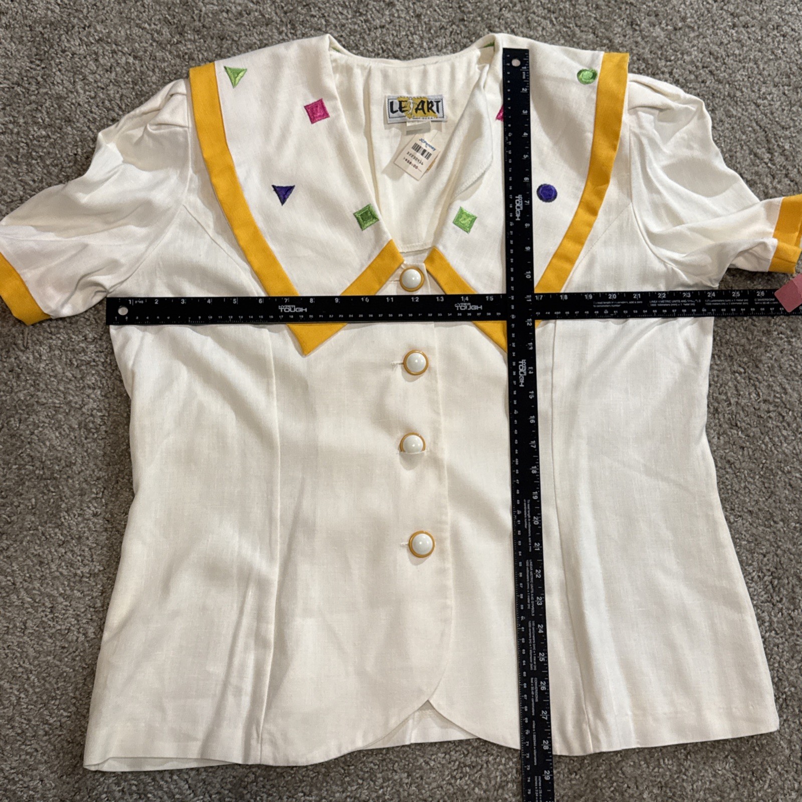 Vintage 70s Le Art Women’s White Yellow Blazer Skirt Work Suit New Old Stock NWT