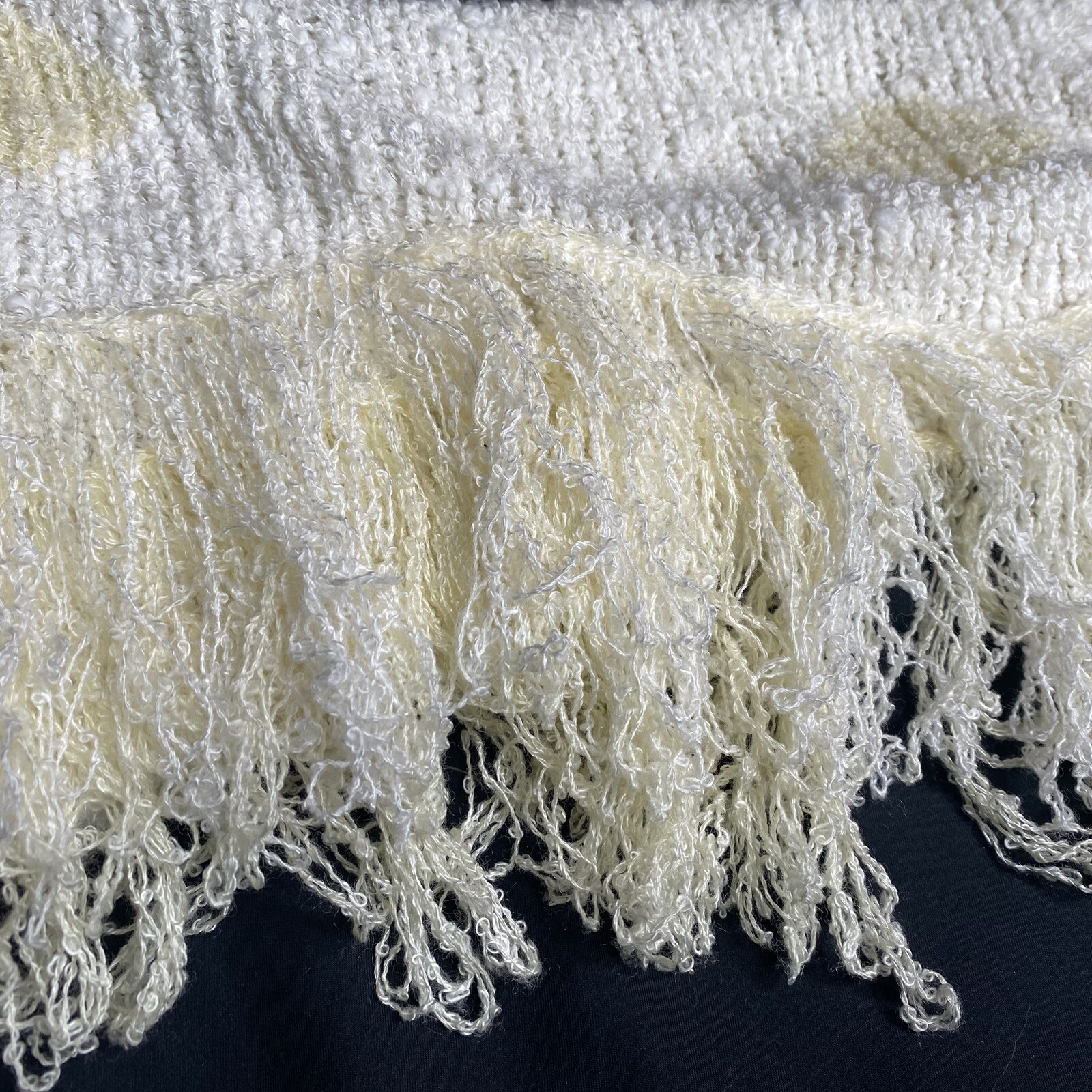 SIDE EFFECTS Hand Crocheted Women’s Vntg Fringe Sweater Sz M Cream & White