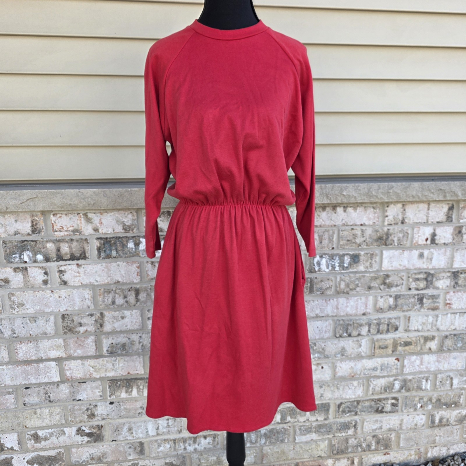 Moda International Red Long Sleeve Dress Women S Elastic Waist Pockets Casual