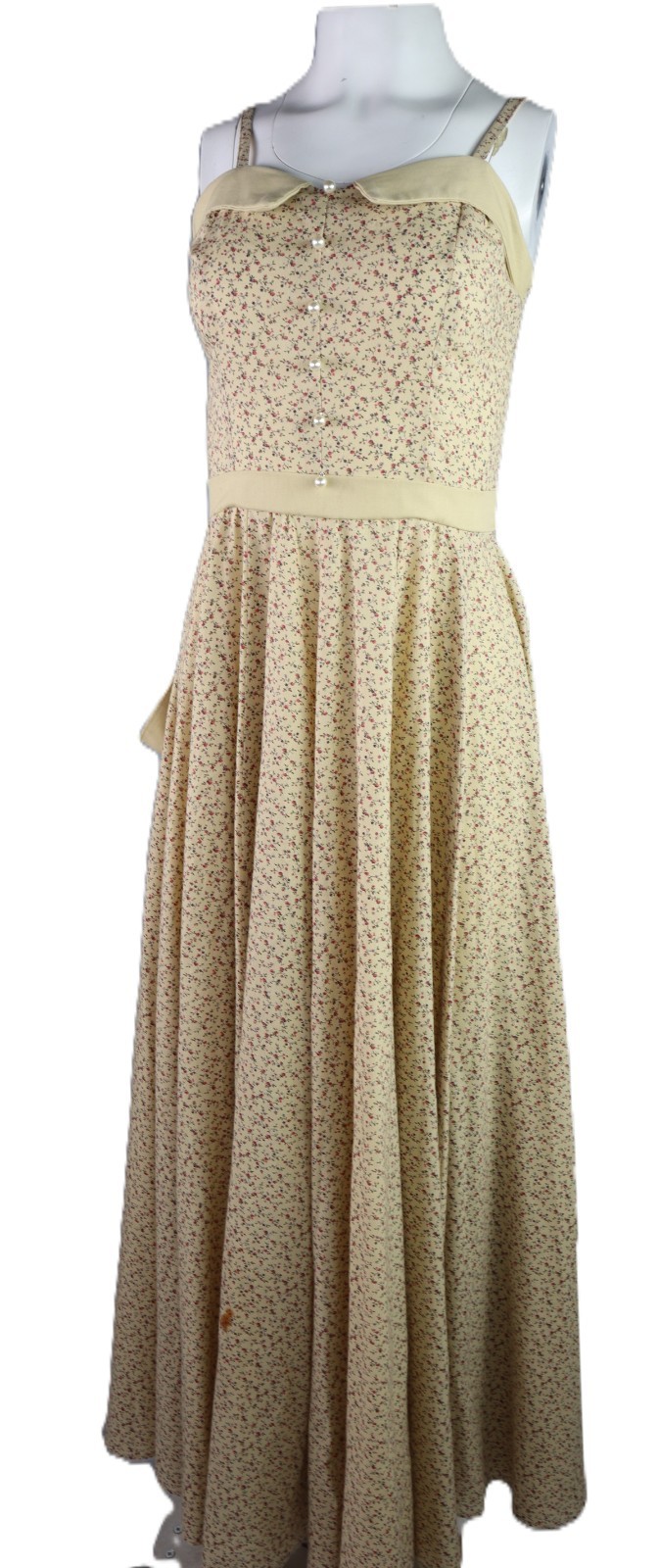 VTG 70s Women’s XS Cottage Core Prairie Maxi Floral Cotton Voile Beige Dress