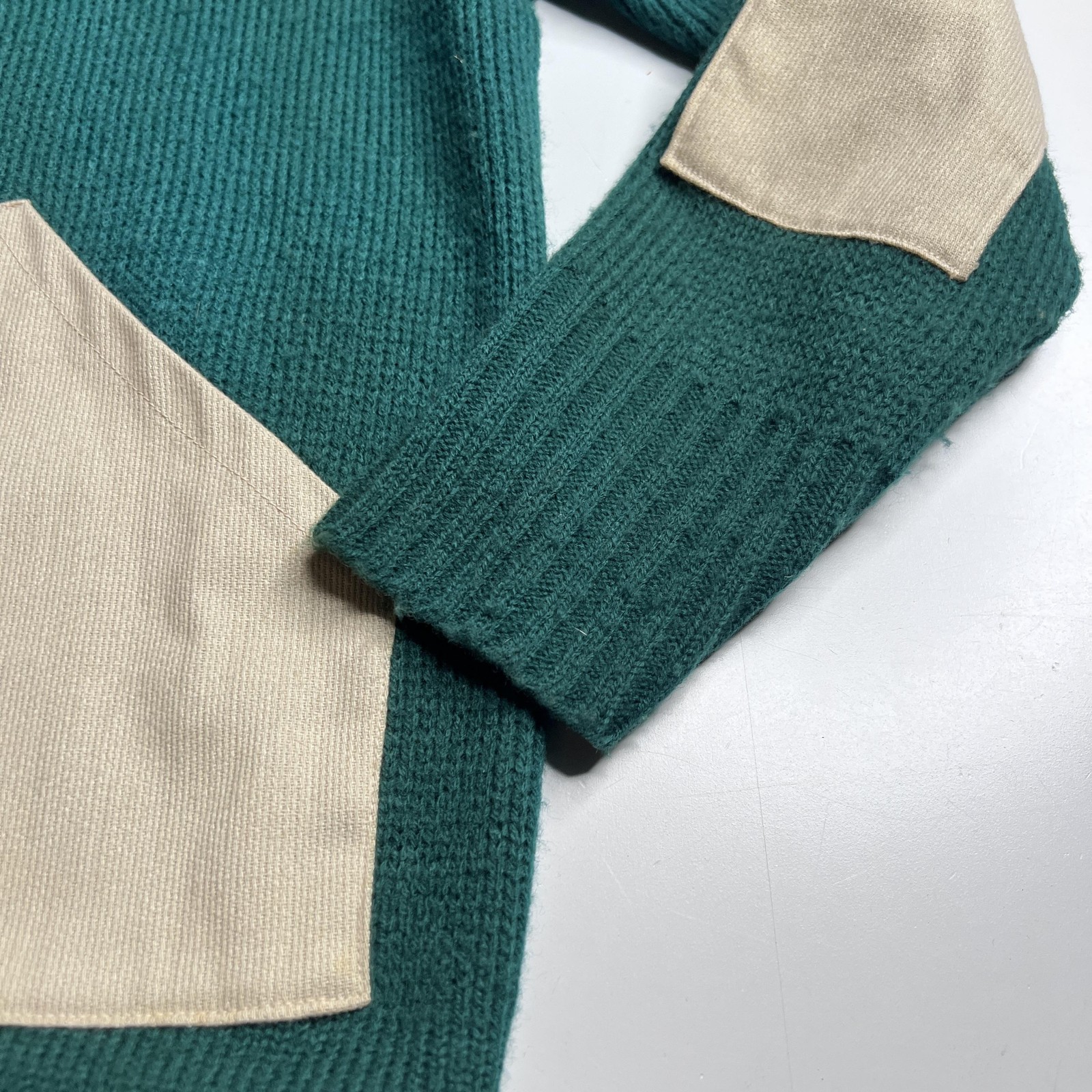 50s Vintage Hoodie Sweater M Green Hooded Full Zip Knit Jacket Pockets
