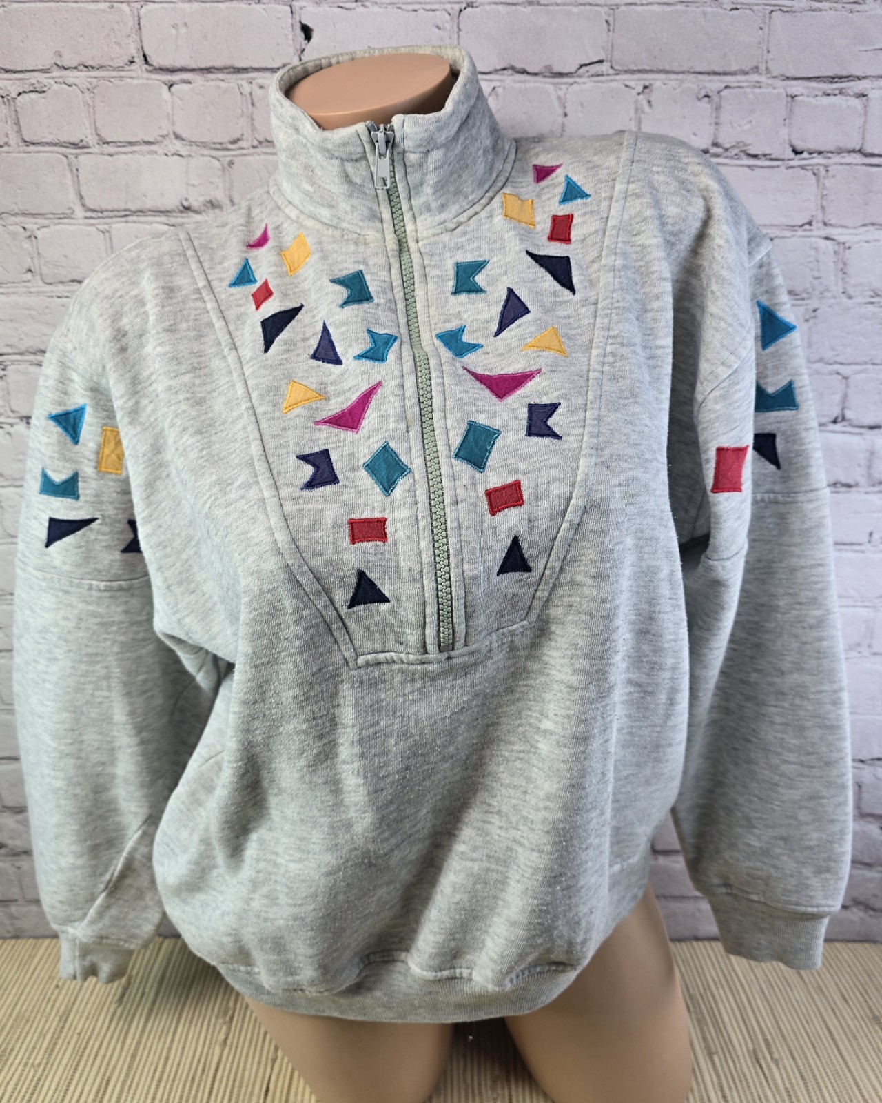 Vintage Chinawear Morsly M Gray Aztec Geometric Retro Zip Sweatshirt READ SPOTS