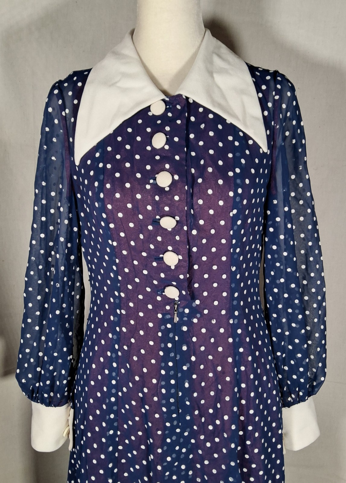 Vtg 70s Blue And White Polka Dots Chifon Long Maxi Dress Korean Tailor Shop Sz S
