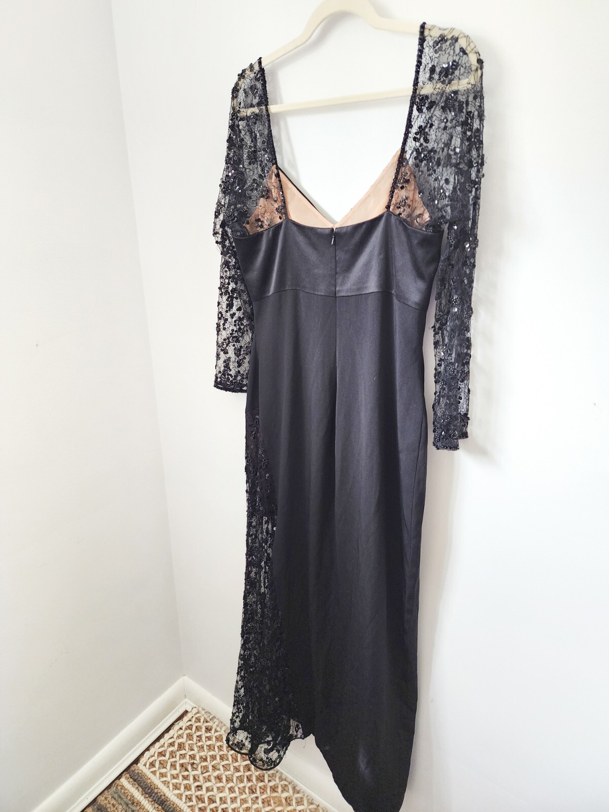 RARE Vintage Saks Fifth Avenue Travilla Ebony Silk Beaded Gown W/ Lace Size 14
