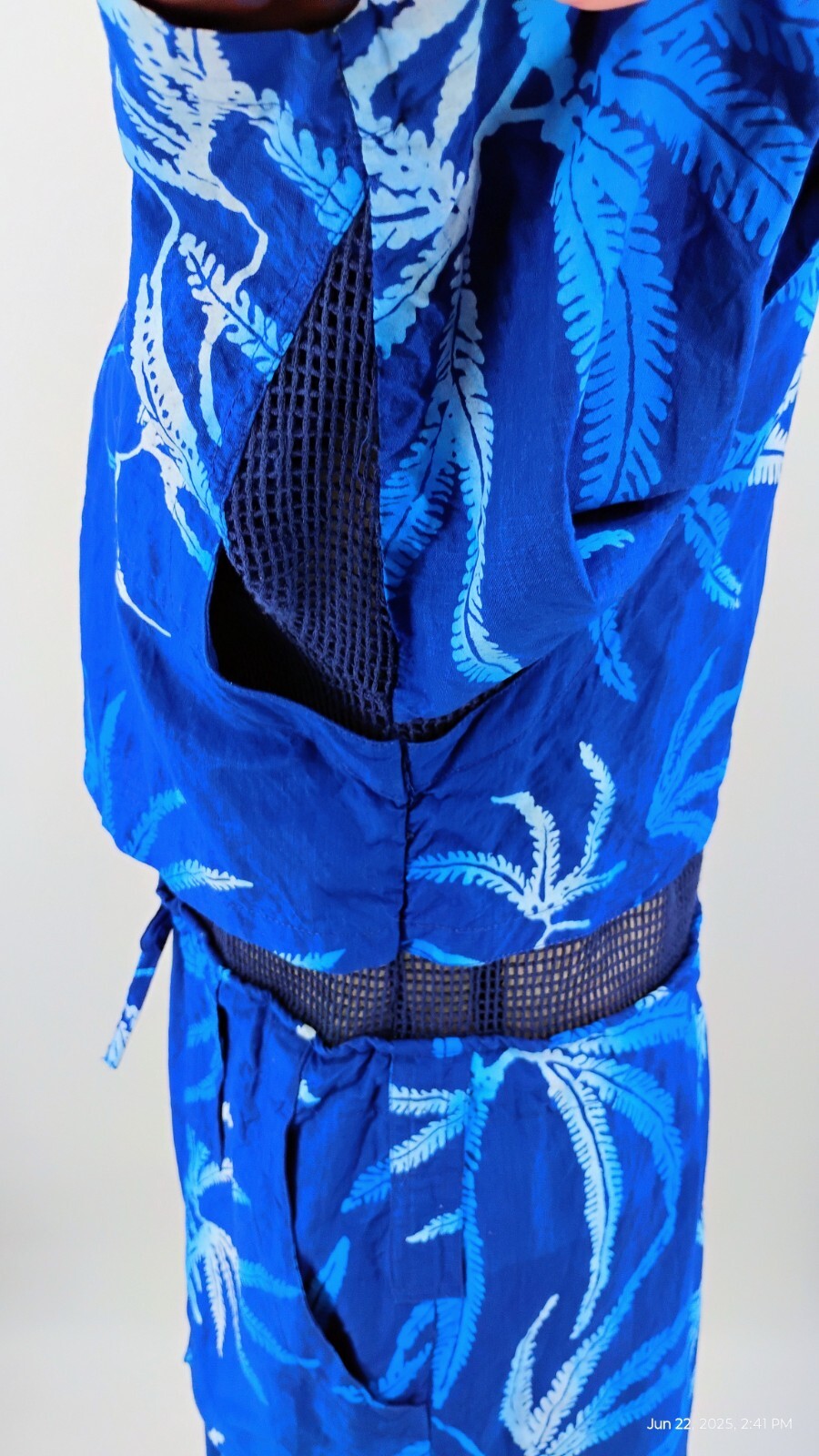 Global Kiwis Dress Vented Button Up Zip Pockets Mesh 100% Cotton Blue Tropical M