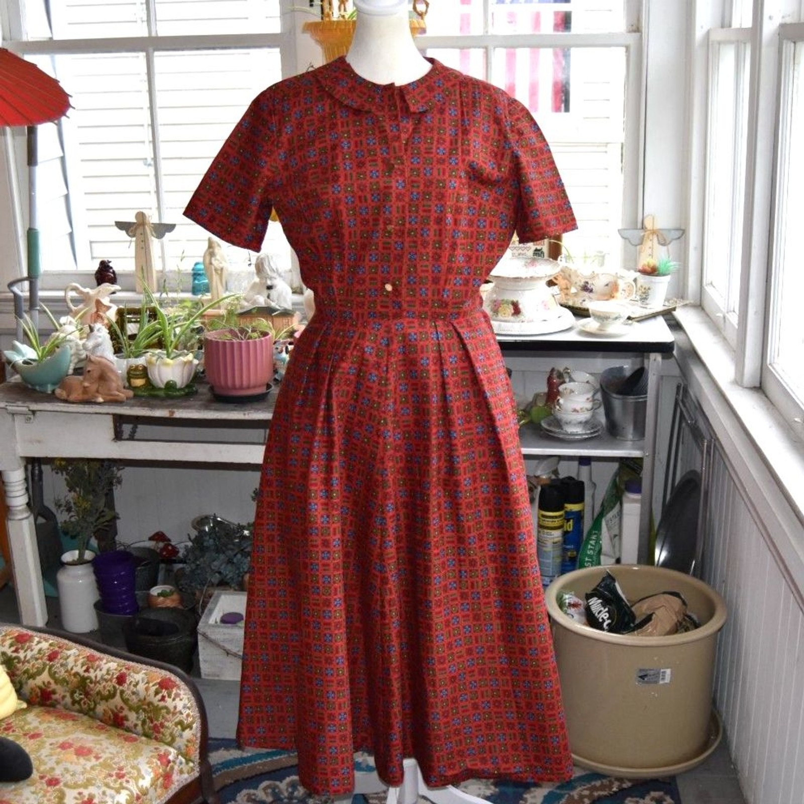 Vintage 1950s Novelty Print Cotton Day Dress Peter Pan Collar Waist 28 Medium