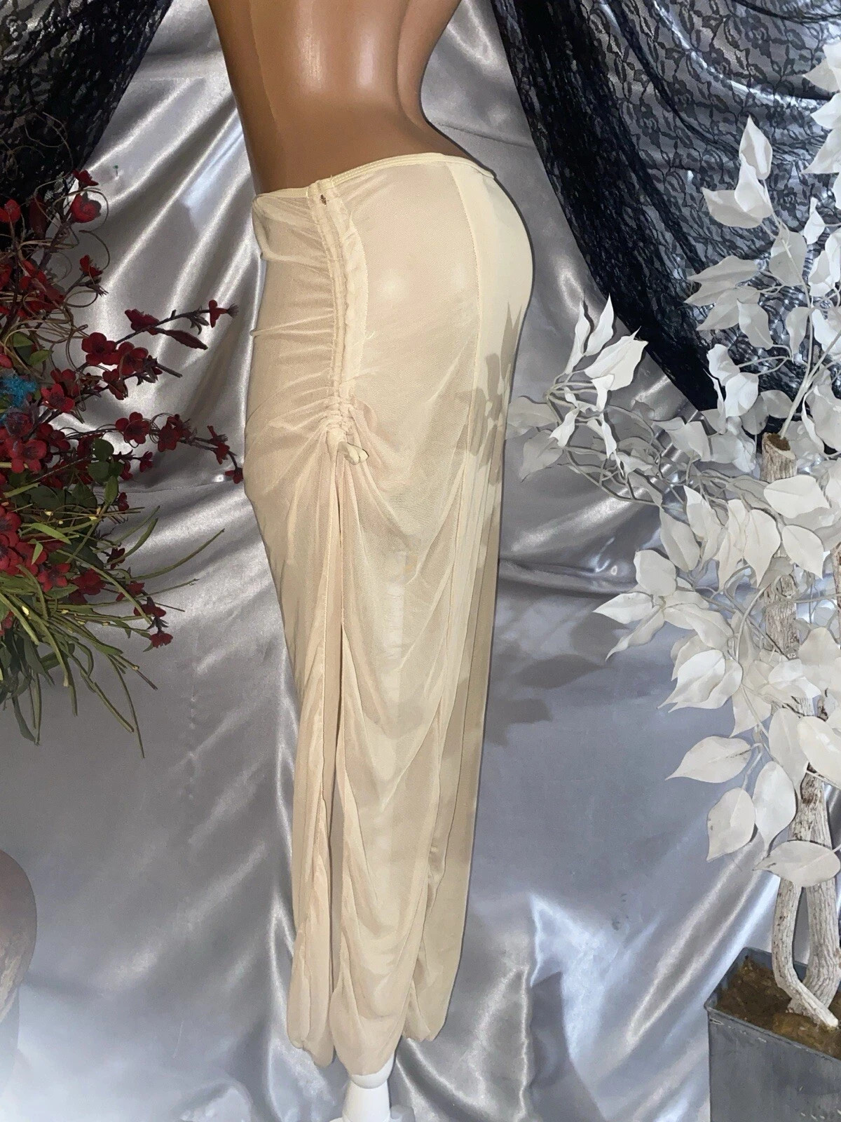 VTG SILKY NYLON TAN IVORY TRANSPARENT SHEER MESH SLIT RUCHED SKIRT L SPANDEX
