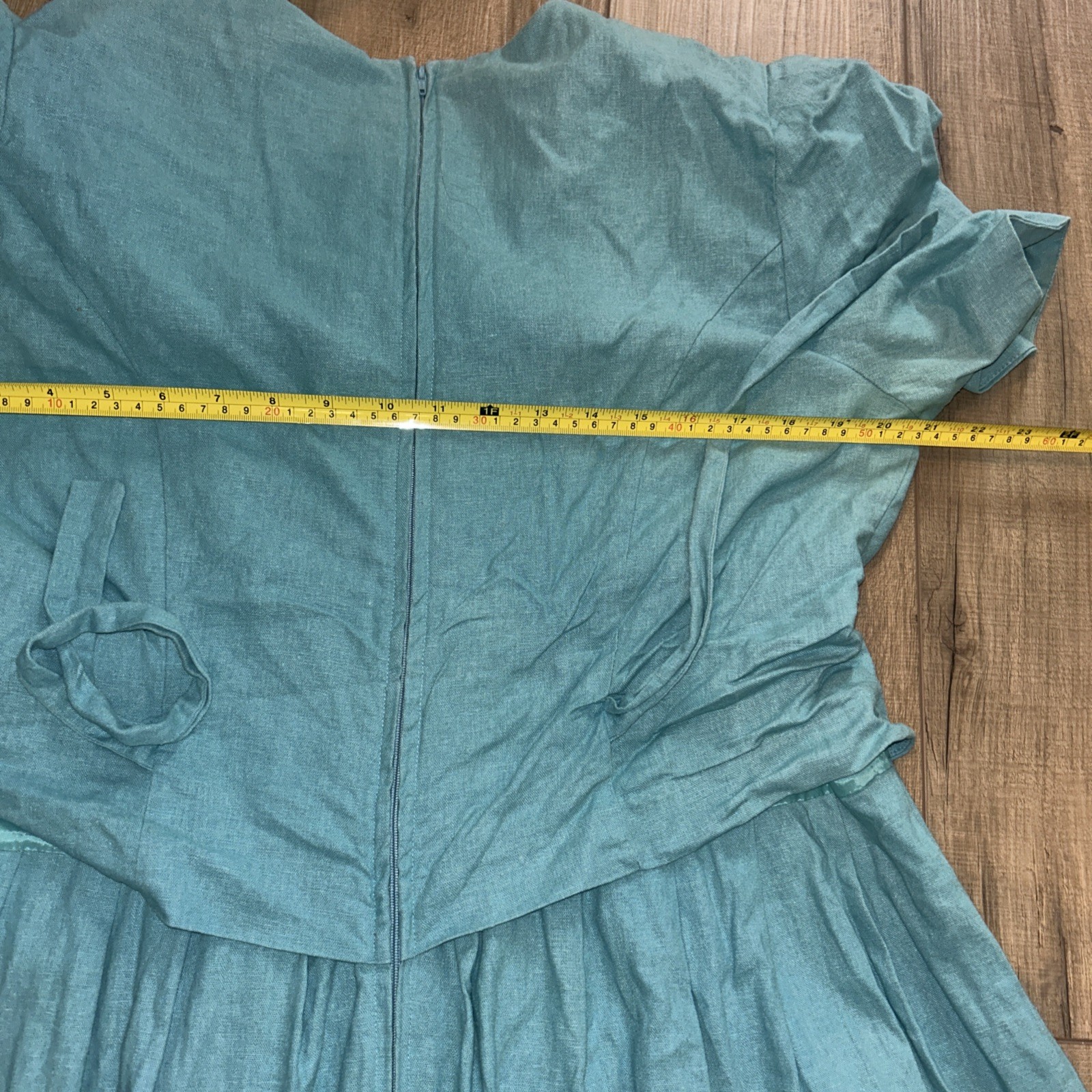 Vintage Linen Dress Prairie Cottage Country Embroidered Florals Teal 90’s 12(10)