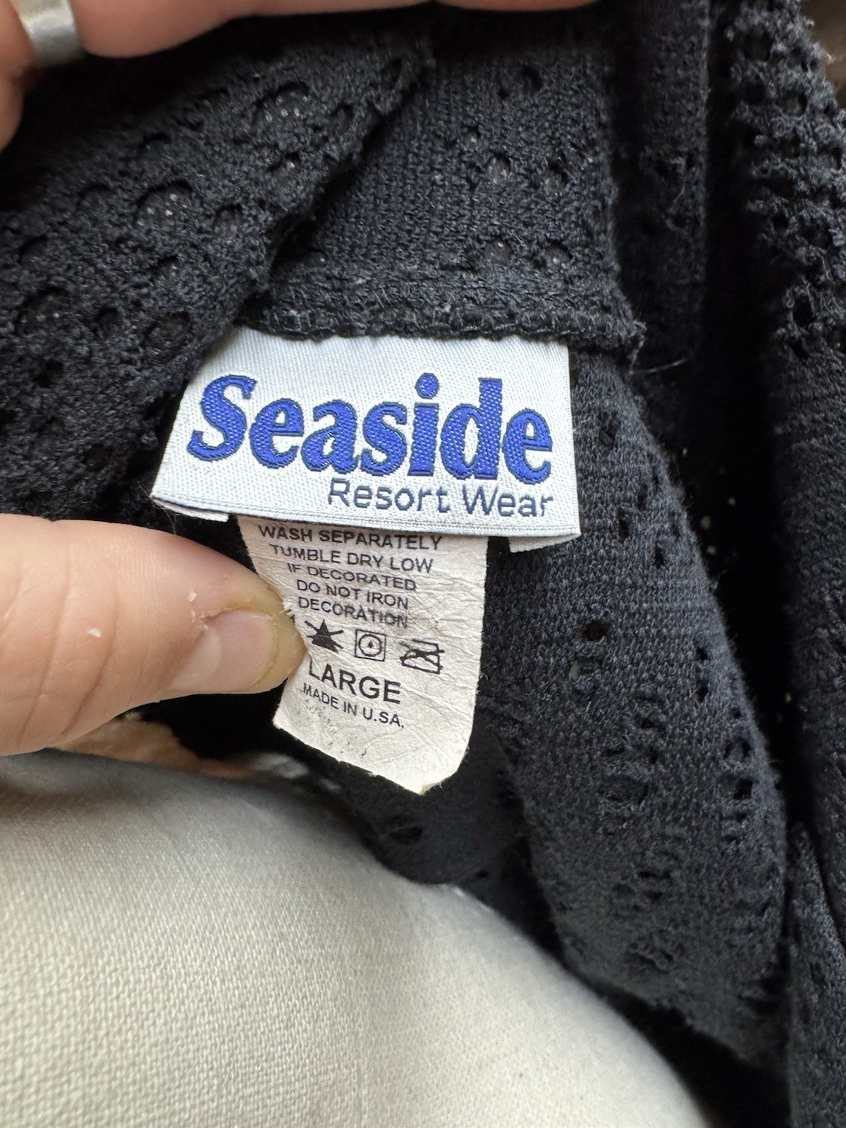 Vintage Seaside Resort Wear Black Lace Shirt Dress Cover Up L Sheet Crochet USA
