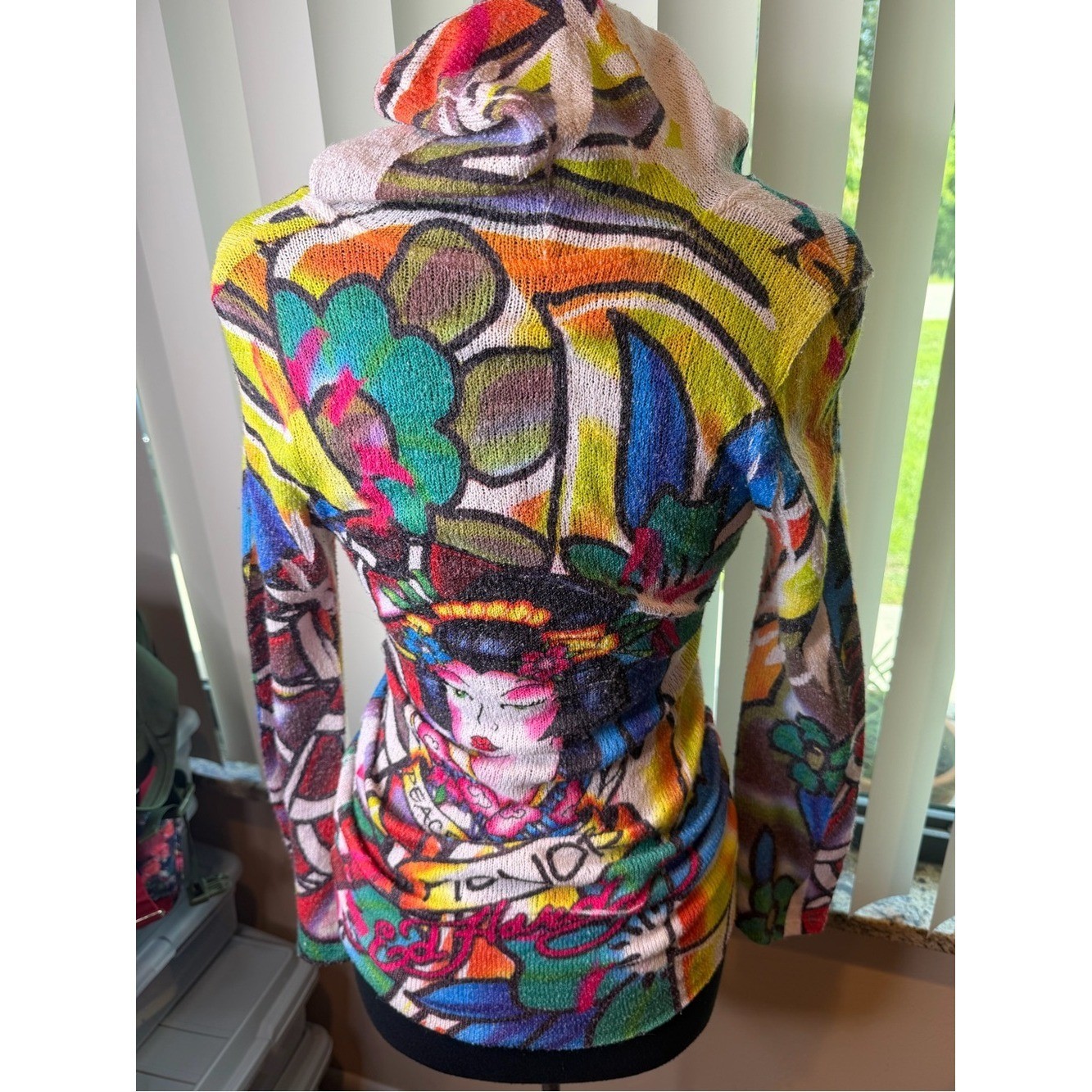 Y2K Vintage Ed Hardy knitted hooded sweater geisha art print Size Large
