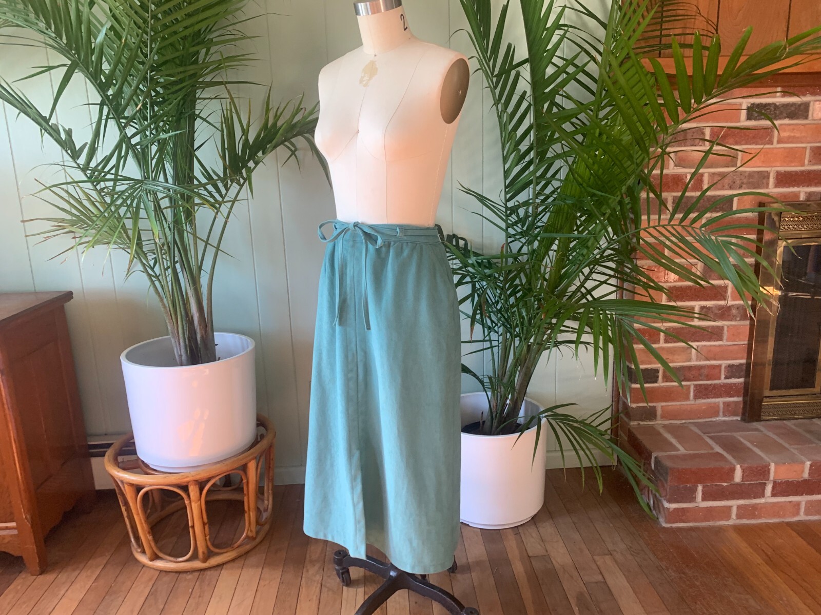 Vintage 1970s Light Turquoise Blue Sash Belt Midi Skirt White Stag