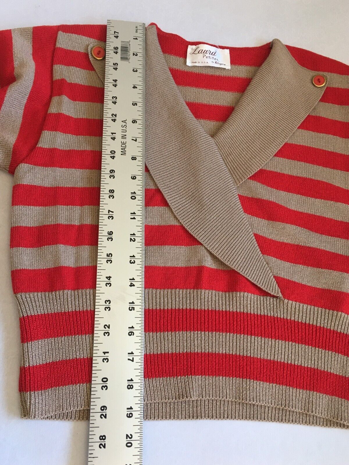 Vintage 70s Laura Petites by Alyzia Red Brown Striped Short Sleeve Sweater Knit