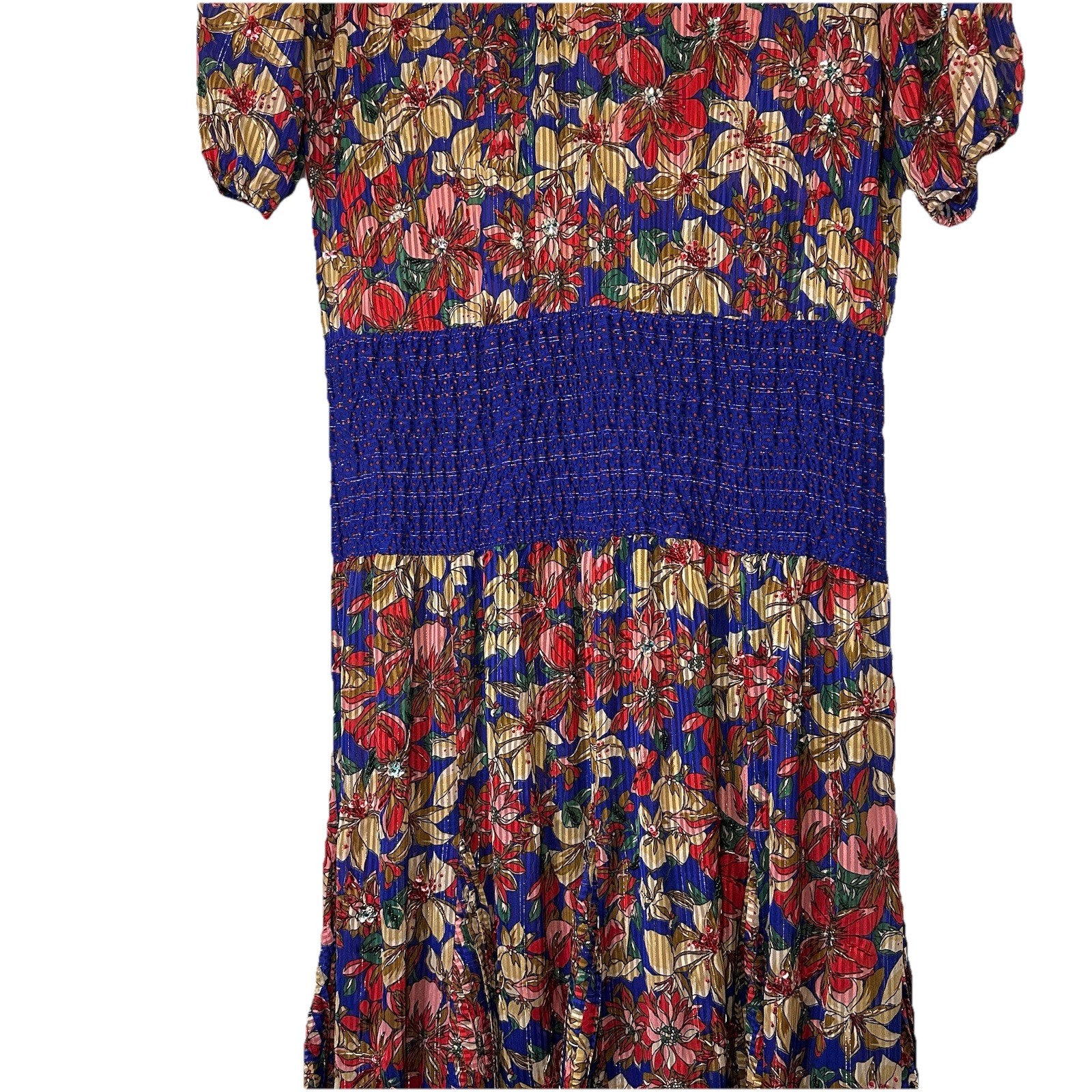 Diane Freis Drop Waist Dress XL Vintage Long Maxi Beaded Floral Ruffle Neckline