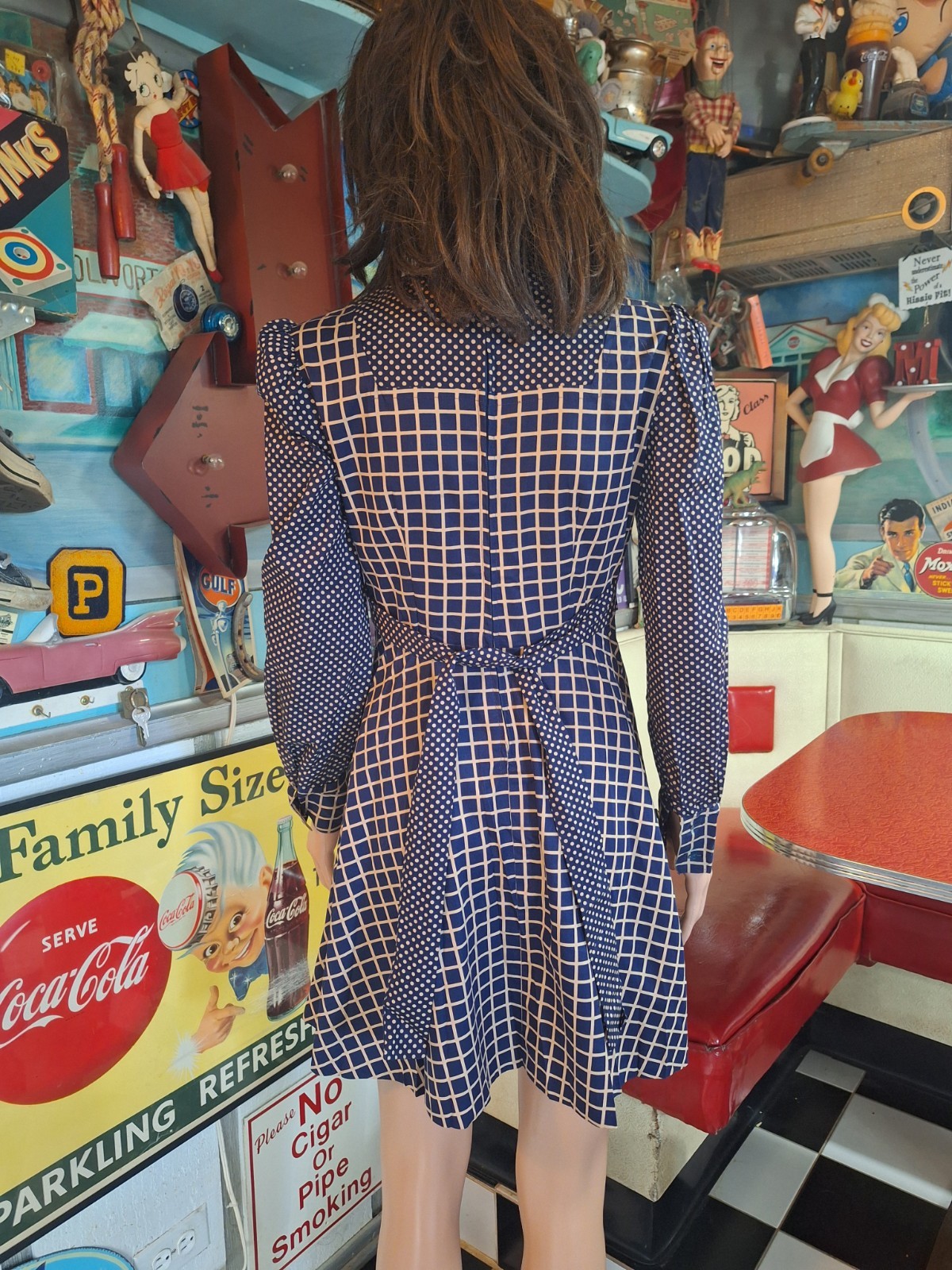 True VTG Mid-century Mod 1960s 70s High Neck Mini Dress Polka Dot Pinafore XS/S