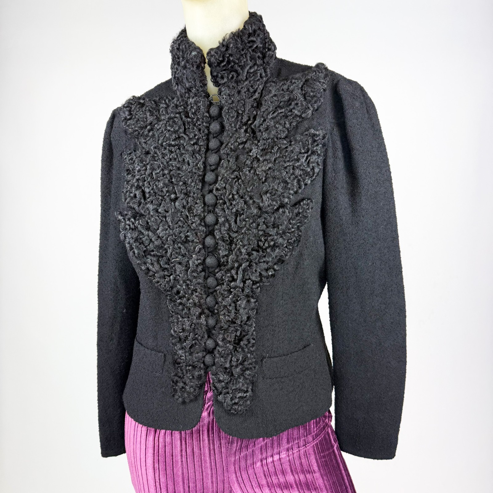 Antique Victorian Mourning Jacket Black Wool Astrakhan Fur High Collar Gothic XS