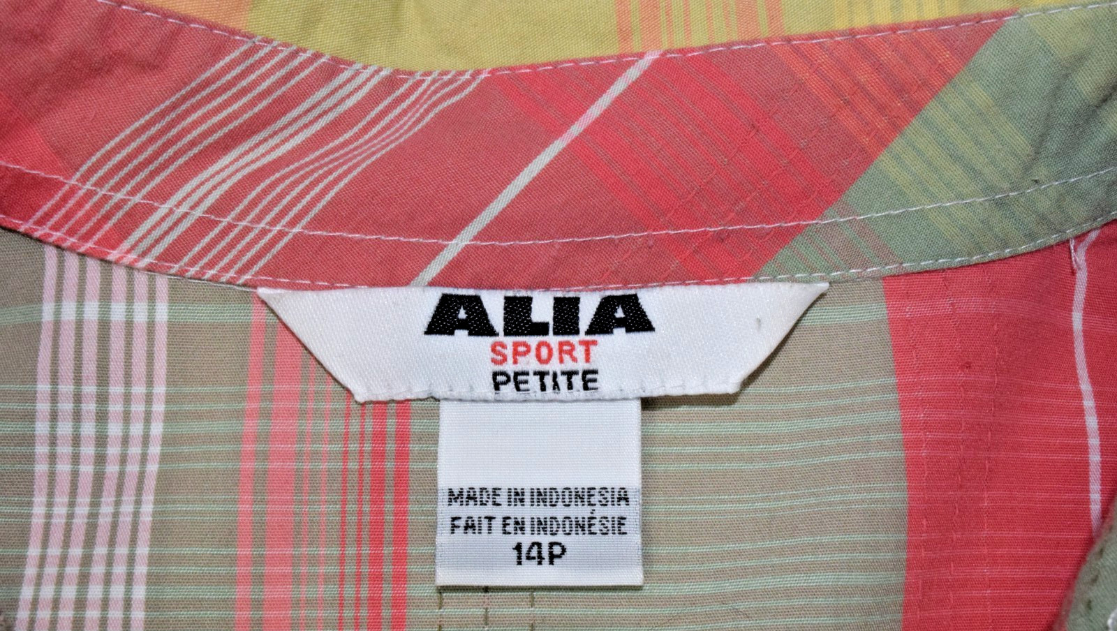 Vintage Plaid Shirt Alia Size 14 90s Button Up Pink Green Yellow Shoulder Pads