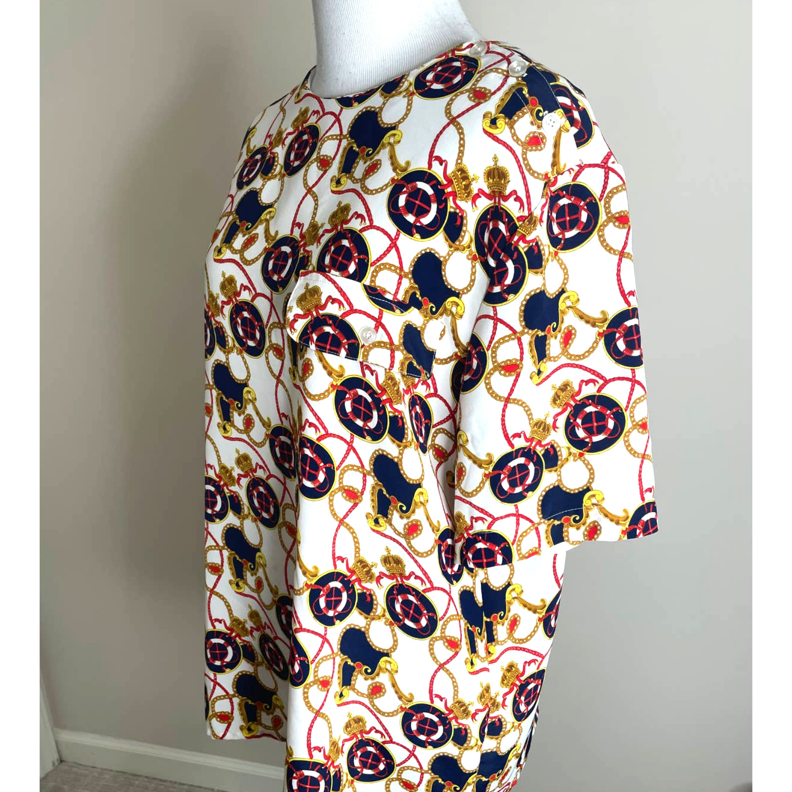 Vintage Blouse Haberdashery Leslie Fay Womens Shirt 12 Career Blue Cream Red