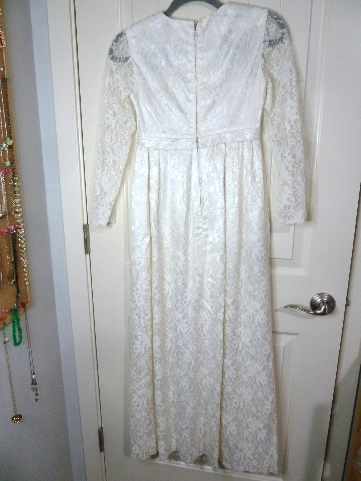 Vintage late 1960s White Satin & Lace Wedding Dress 26″ Empire waist Handmade