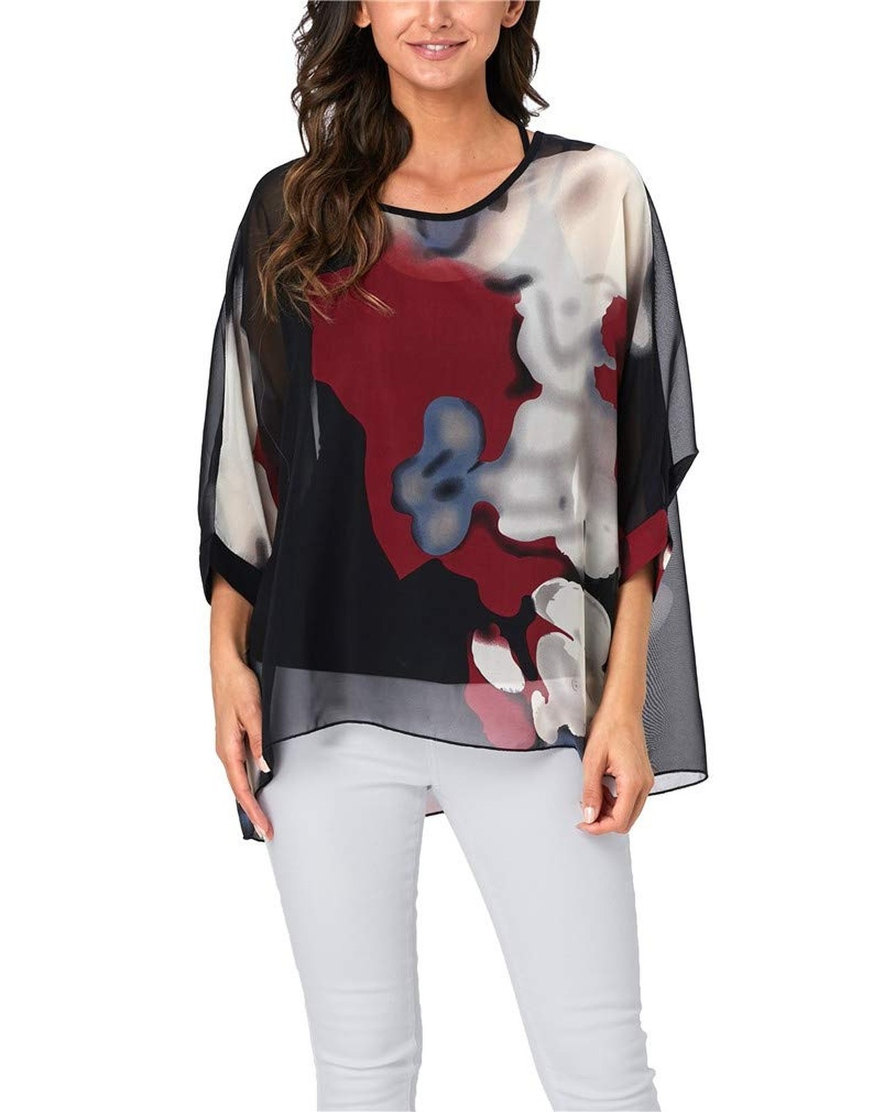 Plus Size Floral Chiffon Batwing Sleeve Tunic Blouse Boho Off-Shoulder Beach …
