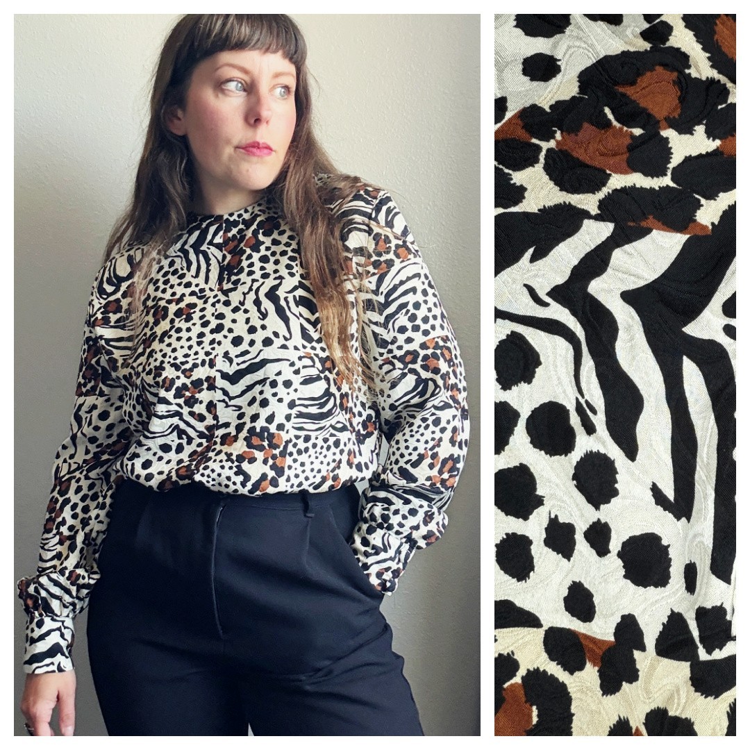Vintage Blouse 80s Adrianna Papell Silk Mixed Animal Print Zebra Leopard Blouse