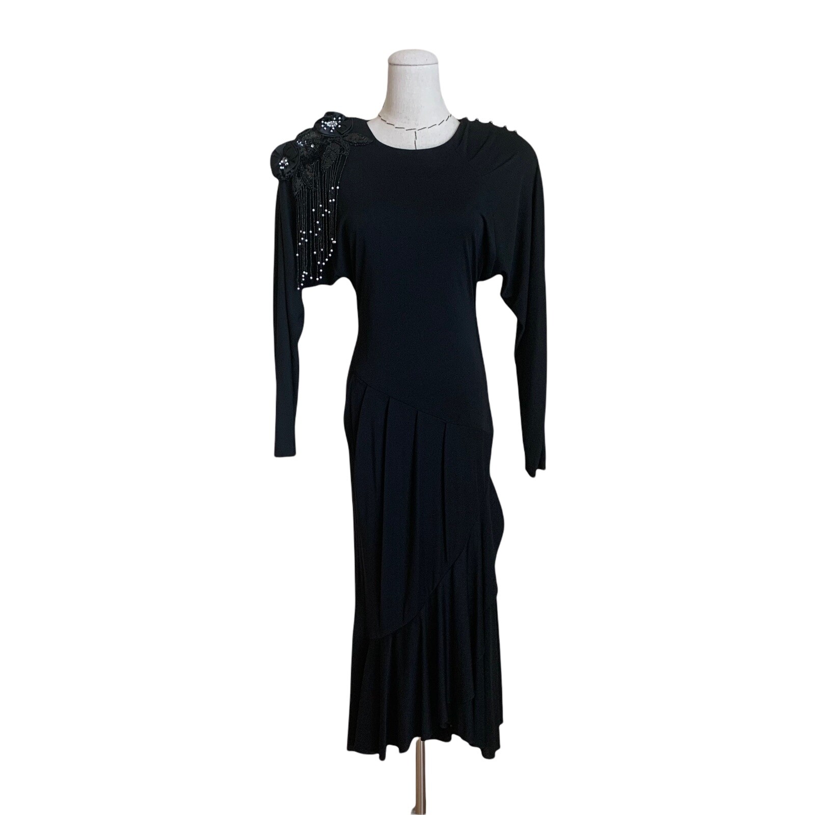 Vintage 80s Casadei Glam Beaded Evening Dress Draped Deco 20s Big Shoulders S