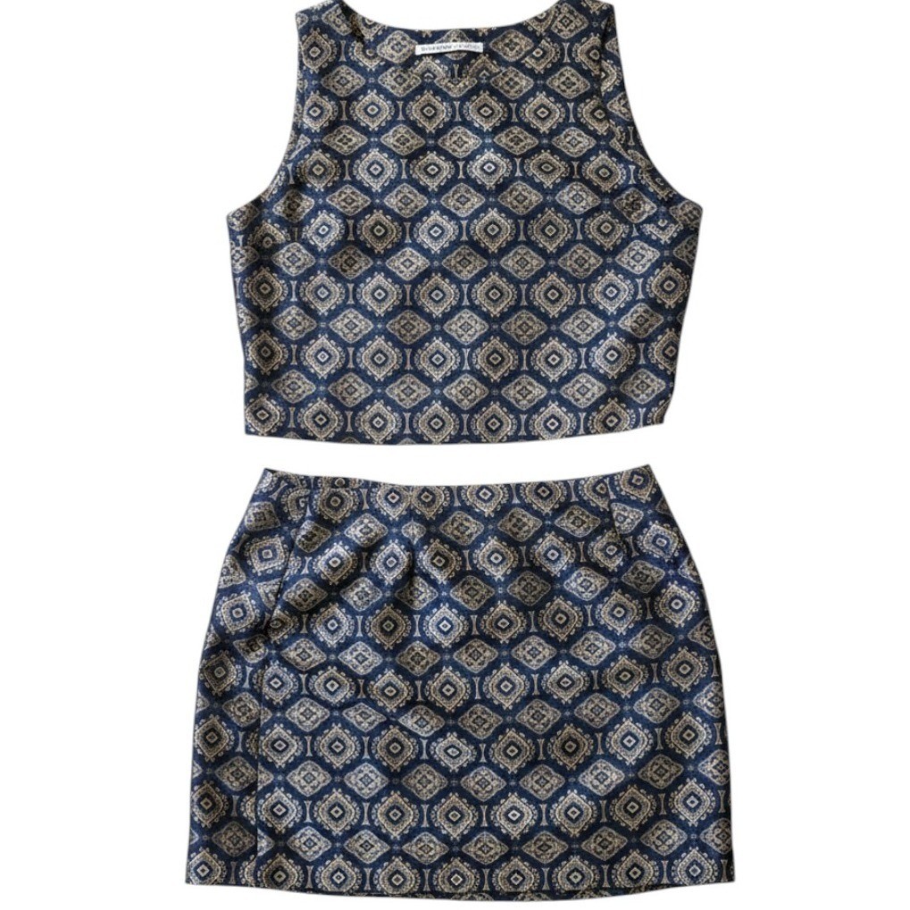 Jonathan Martin Vintage Brocade 2 Piece Set Crop Top Mini Skirt Navy Gold Sz 13