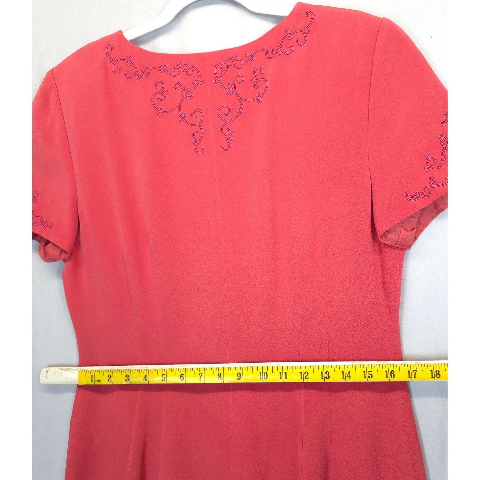 Maggy London Silk Dress Women 12 Coral Pink Embroidered Button Front Midi Church