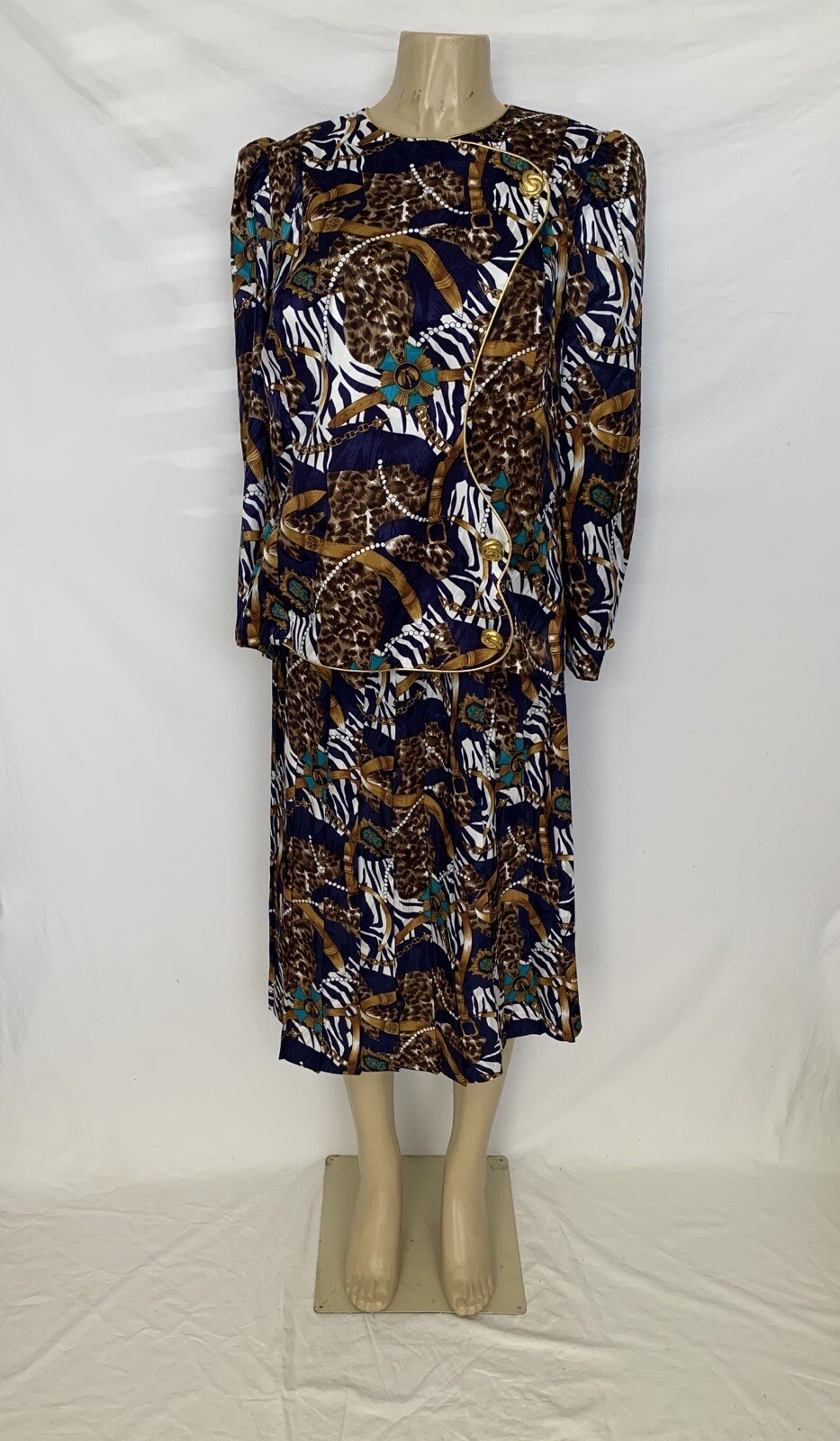 Vintage 80s Sally II Size 16 Multicolored Mixed Print 2pc Skirt Suit Set