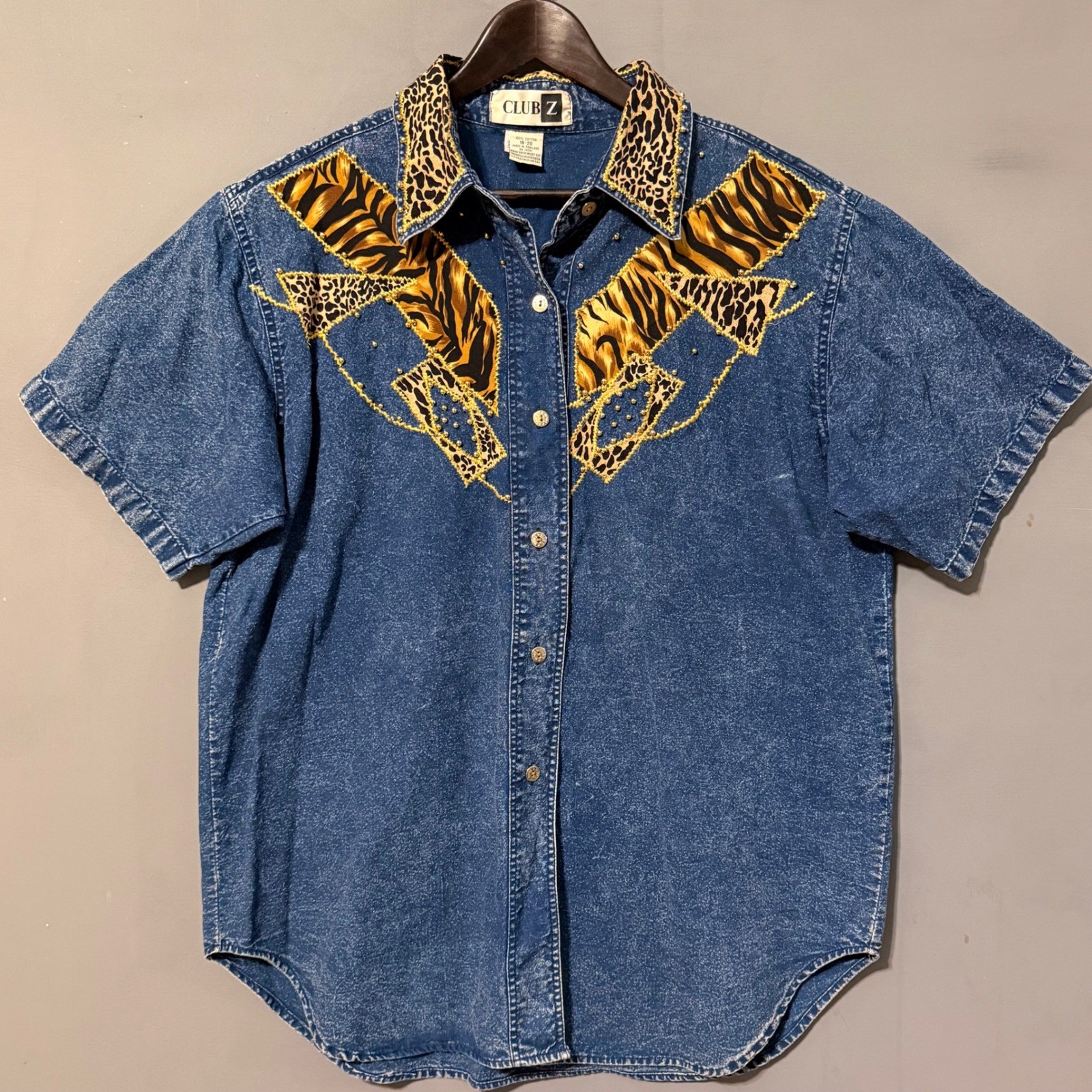 VTG 80s 90s 100% Cotton Denim Shirt Animal Print Patchwork Plus Size 18-20 Gold