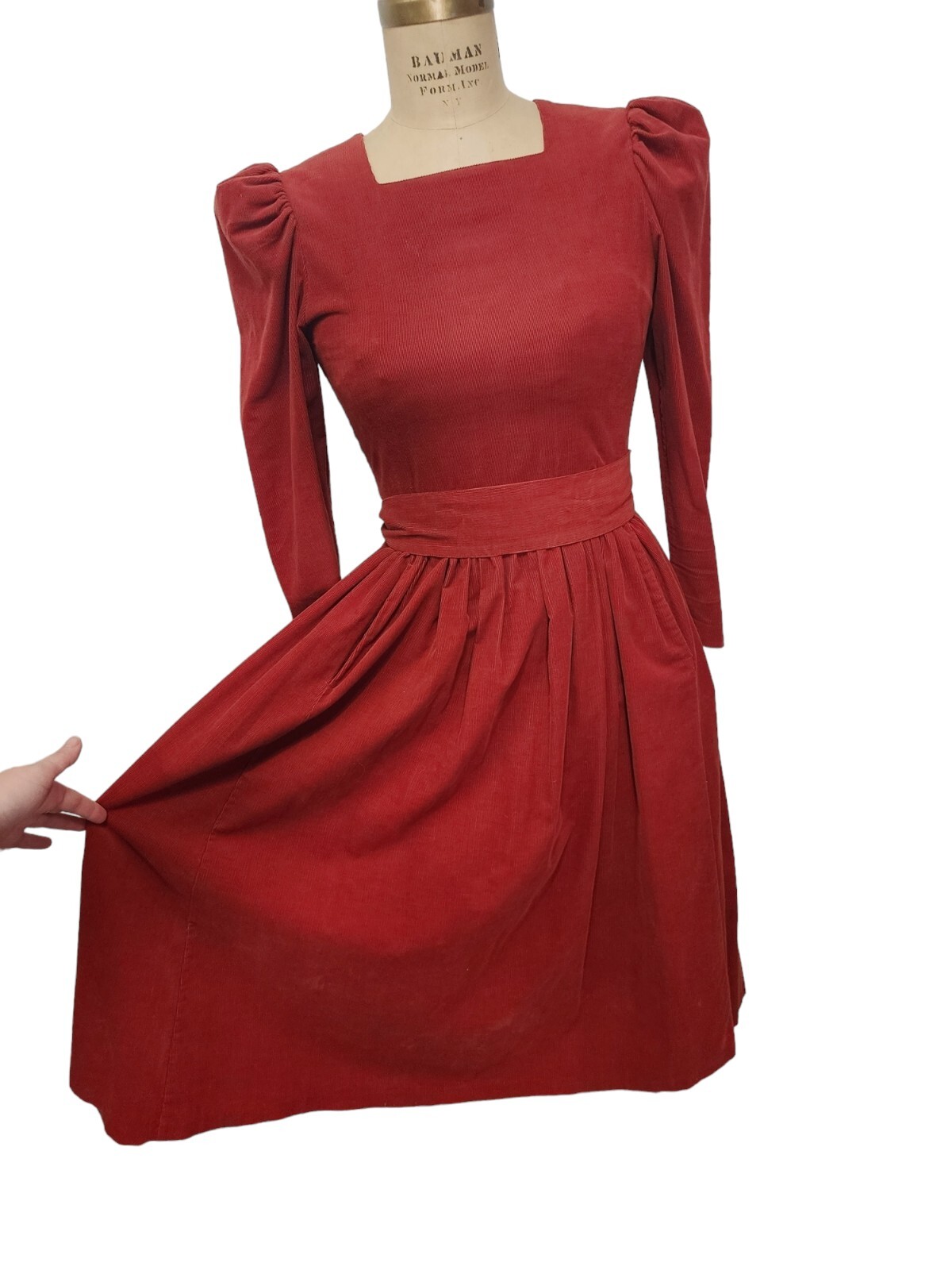 Vtg 80s Laura Ashley Dress Corduroy Orange Puff Sleeve Pockets Belt UK 10/US 6