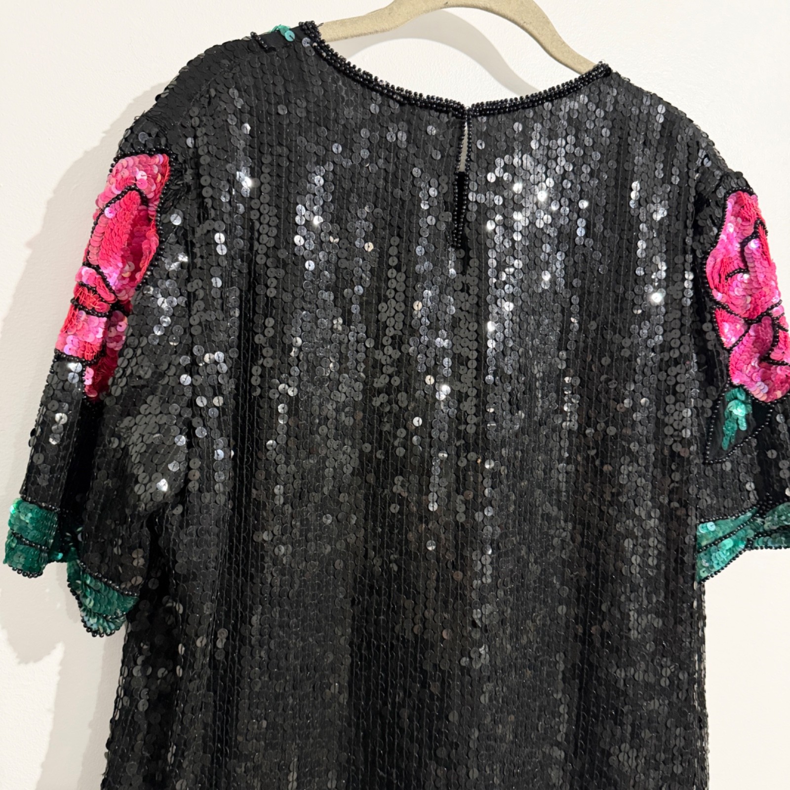 Vintage Royal Feelings Black Silk Sequin Floral Beaded Top L Pink Roses Glam