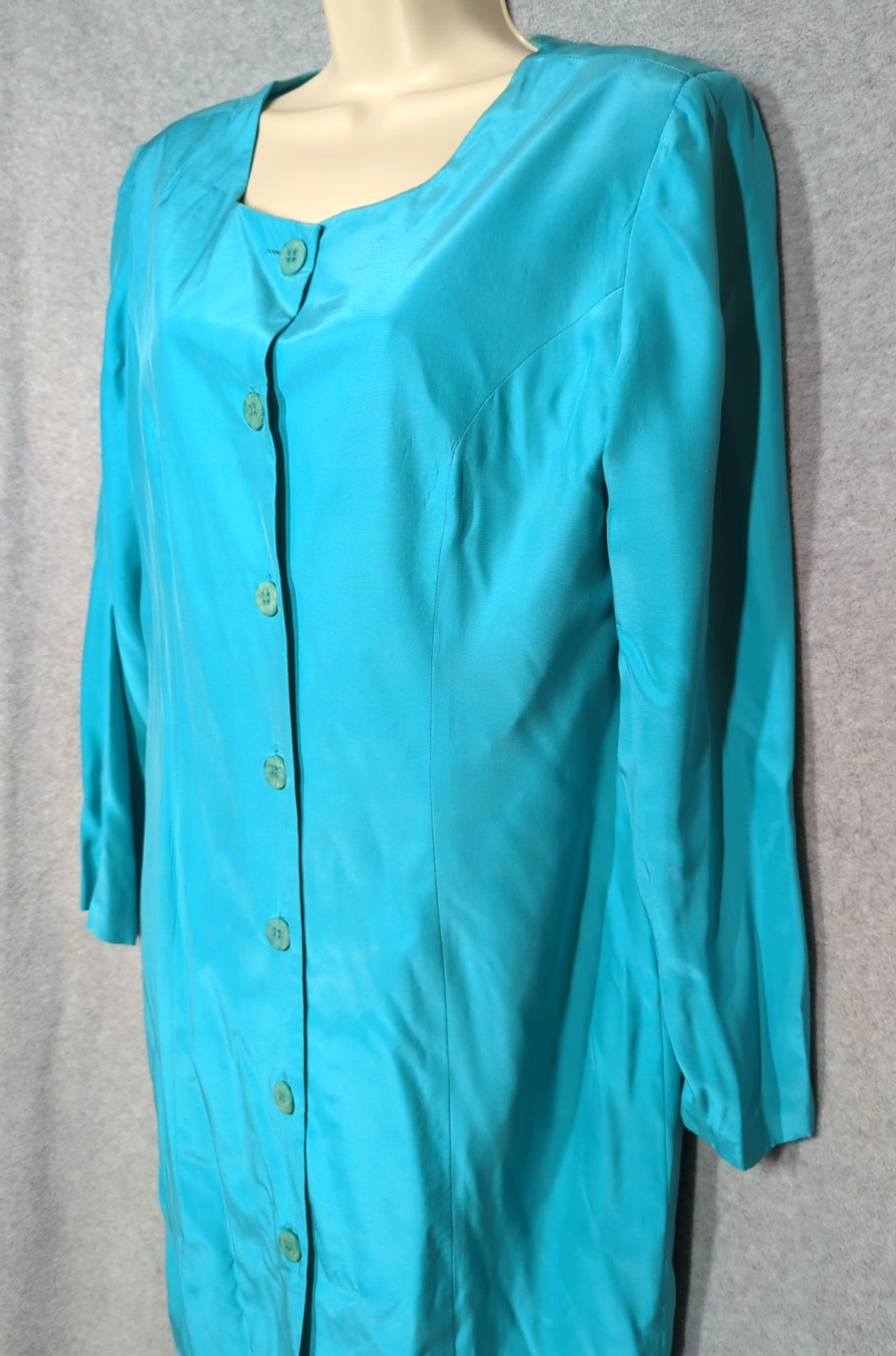 Vintage 80’s Silk Dress Size 12 Turquoise Lg Sleeve Button Up Wedding Guest Chic