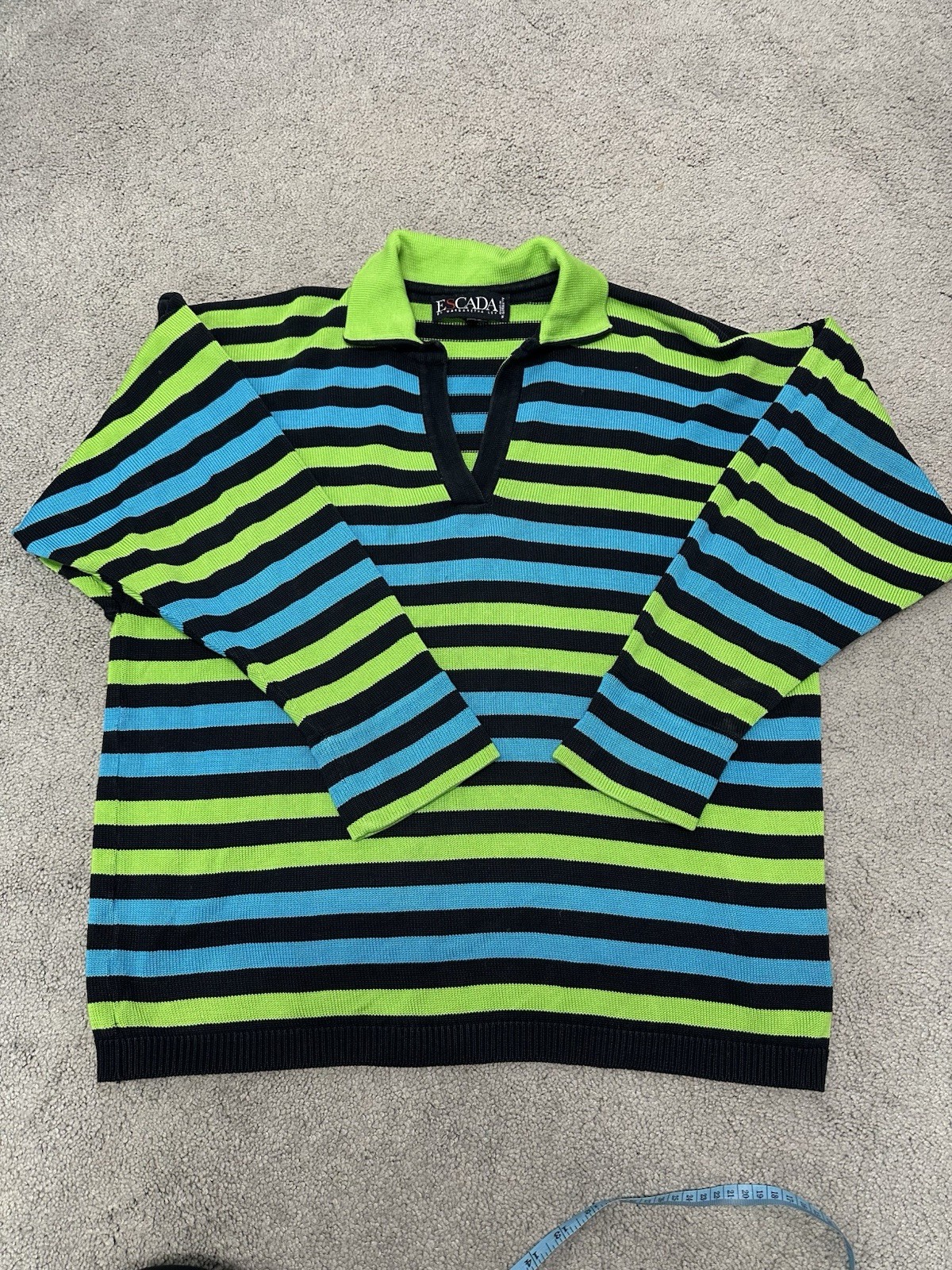 Escala Sweater Vintage Size 40 Line Green Teal Black Striped Collar Pullover
