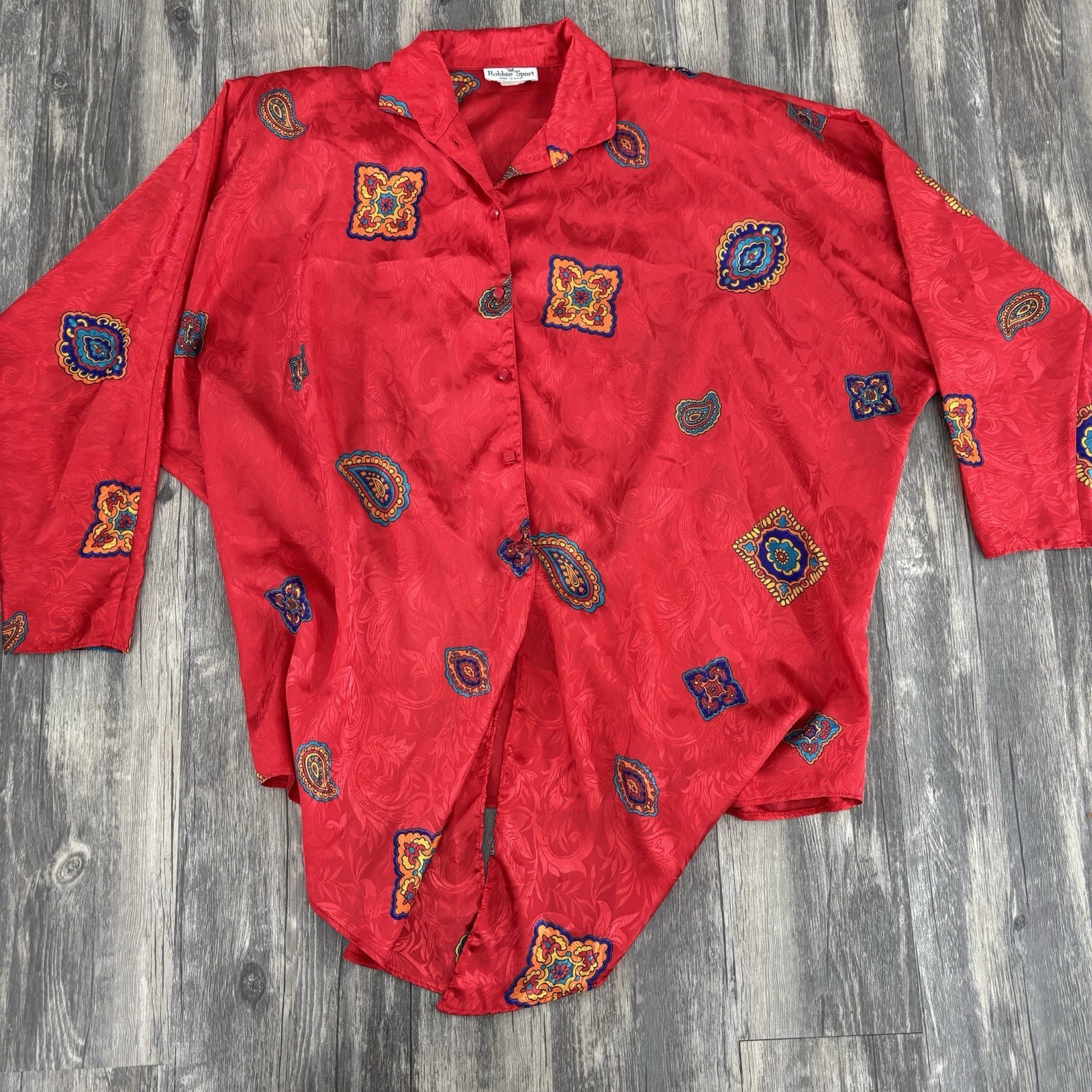 VTG Robbie Sport Vogue Silky tie Button Blouse Retro Shoulder pads womens 9 10