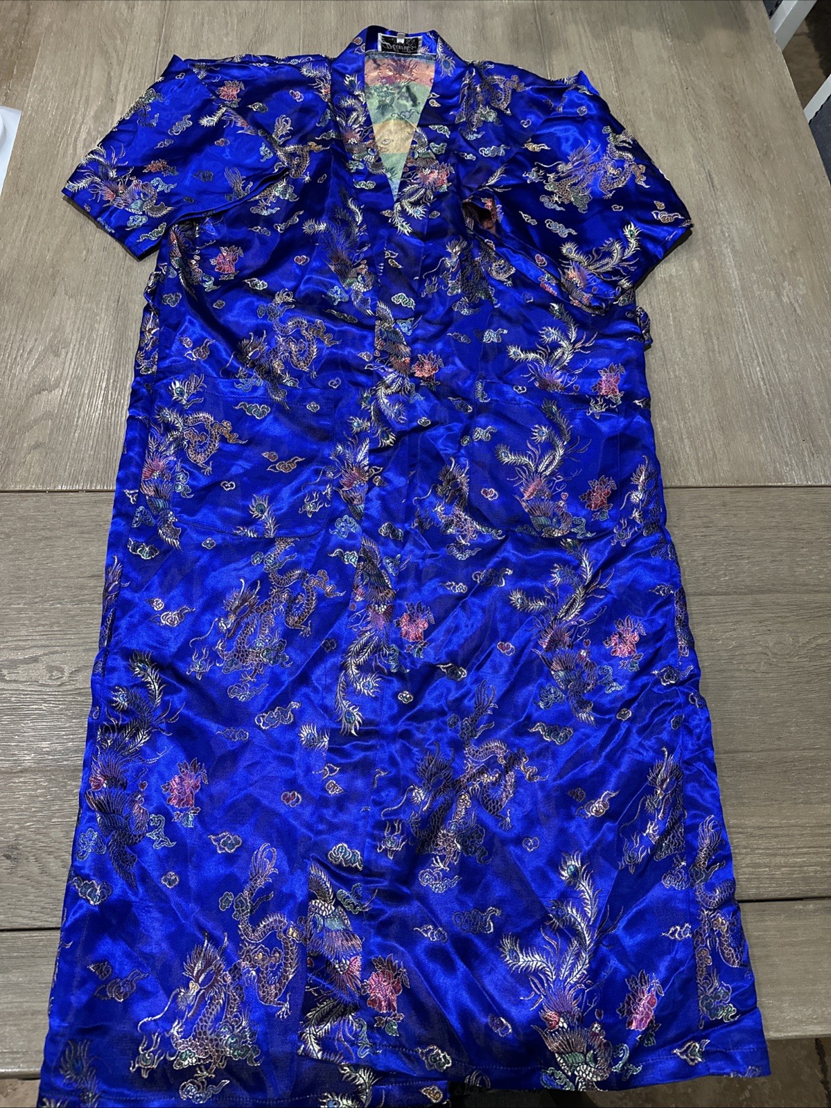 Vintage Plants Silk Blue Dragon Embroidered Robe 3/4 Sleeves Women M No belt