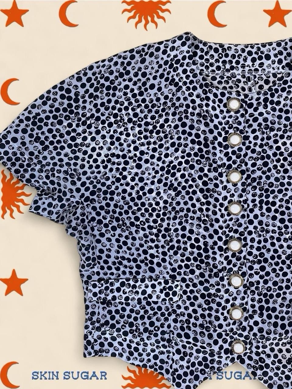 Vintage 80s Women’s Black White Gold Polka Dot Button Up Crop Blouse Retro Chic