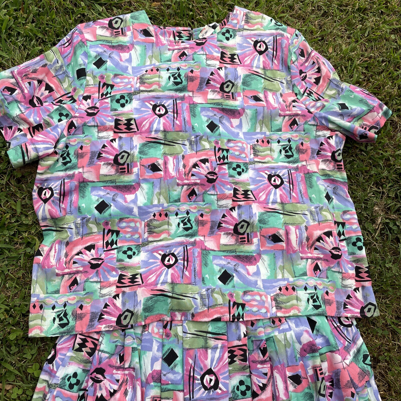 Vintage KATIE BROOKE 2 Piece Outfit Skirt SUIT Top Blouse BRIGHT AZTEC L❤️sj7m59