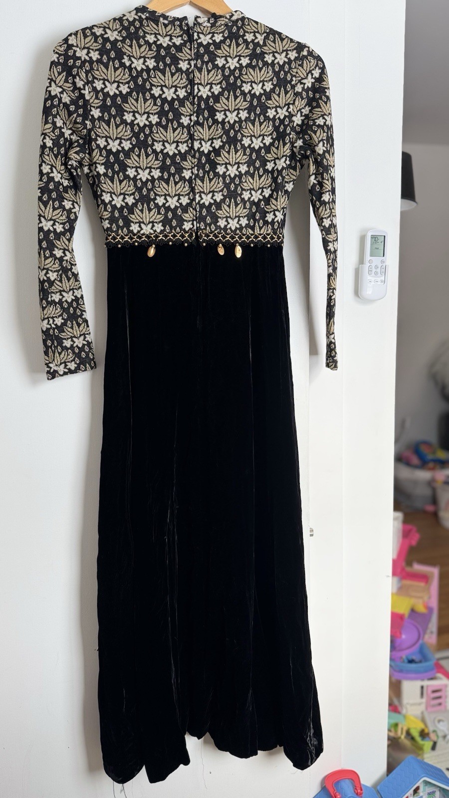 Vintage 60s Gold & Black Baroque Quilt Top & Velvet Skirt Maxi Dress XS 1960s