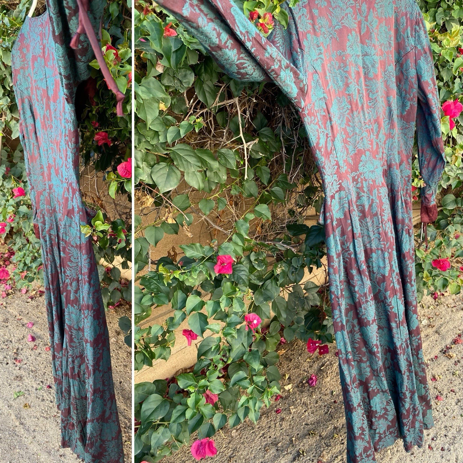 Vintage 80s 90s Karen Alexander Floral Jacquard Maxi Dress Burgundy Green USA 8